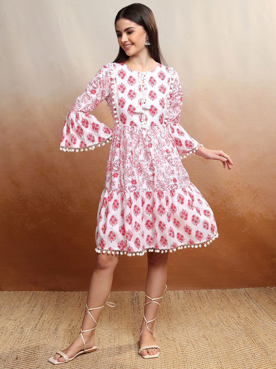 

Vishudh Floral Print Tie-Up Neck Bell Sleeve Fit & Flare Dress, White