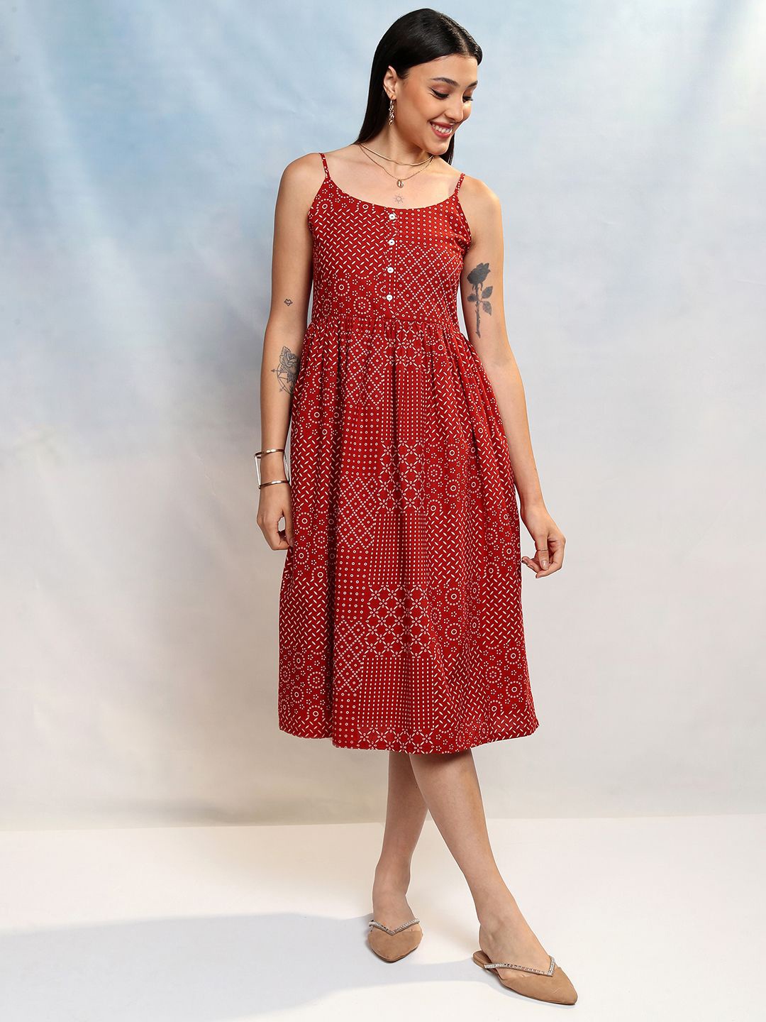 

Vishudh Floral Print Fit & Flare Dress, Rust