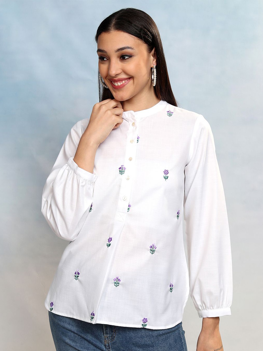 

Vishudh Floral Embroidered Mandarin Collar Shirt Style Top, White