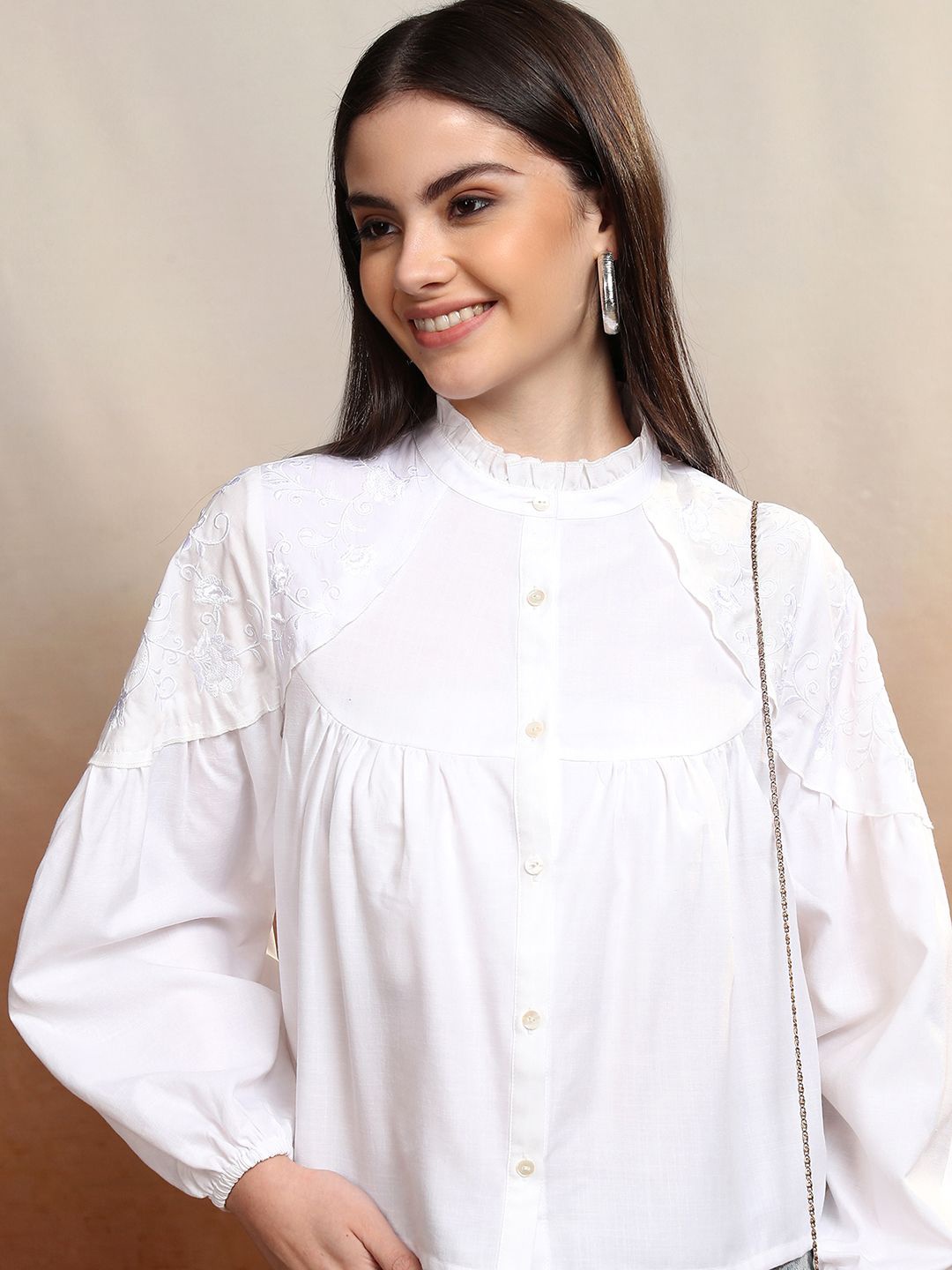 Vishudh Floral Embroidered Mandarin Collar Shirt Style Top, White