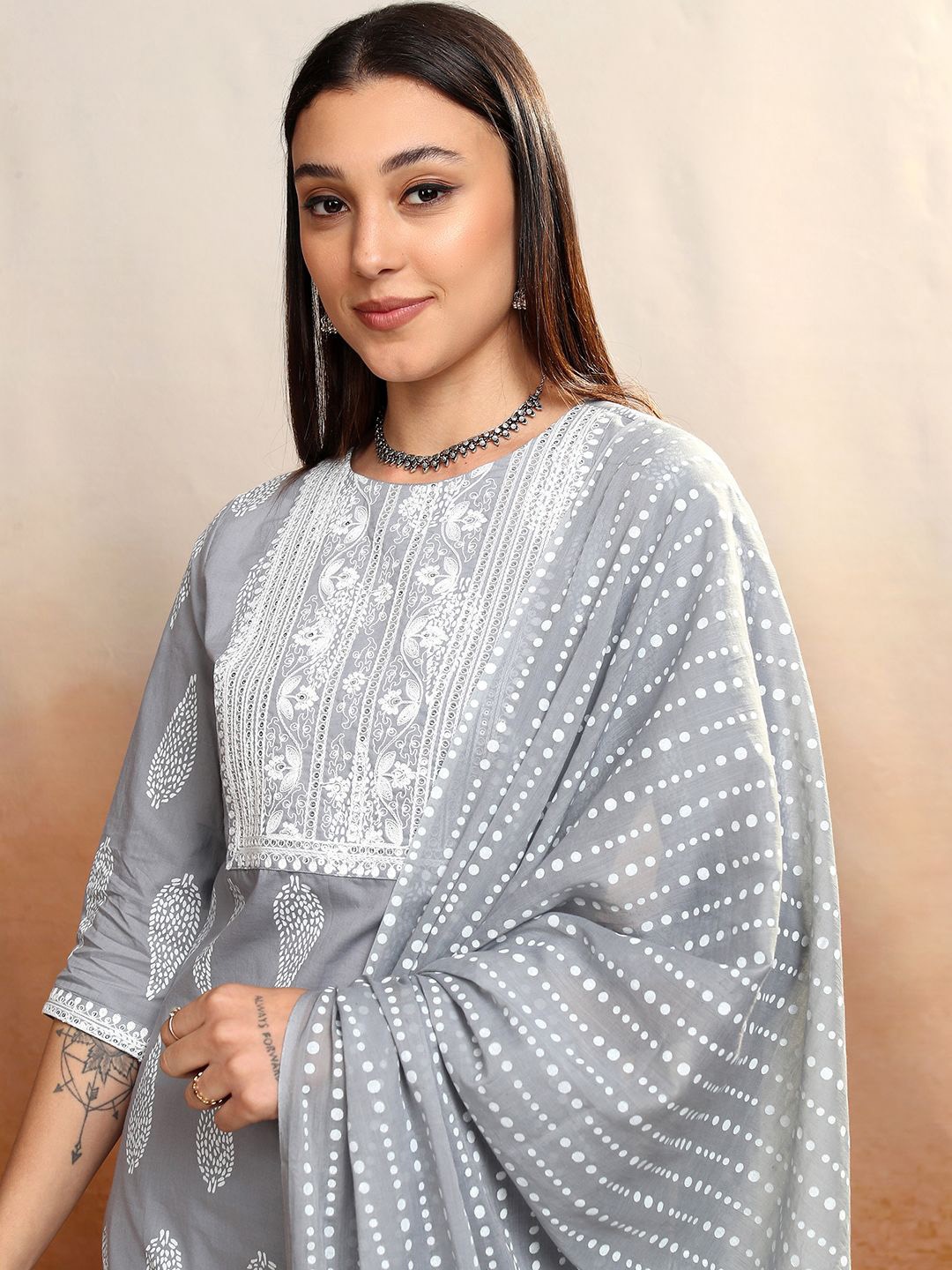 

Vishudh Women Ethnic Motifs Printed Regular Sequinned Pure Cotton Kurta Set With Dupatta, Grey