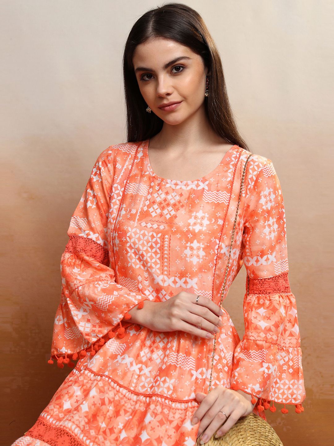 

Vishudh Print Bell Sleeve A-Line Dress, Orange