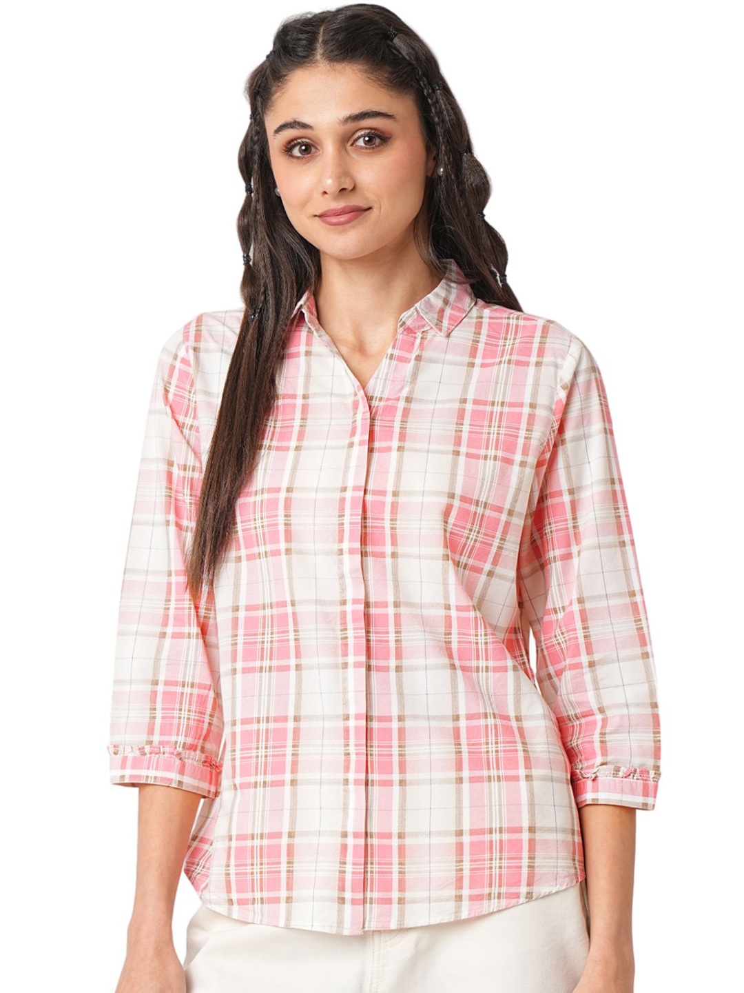 

Kraus Jeans Women Slim Fit Tartan Checks Opaque Checked Casual Shirt, Pink