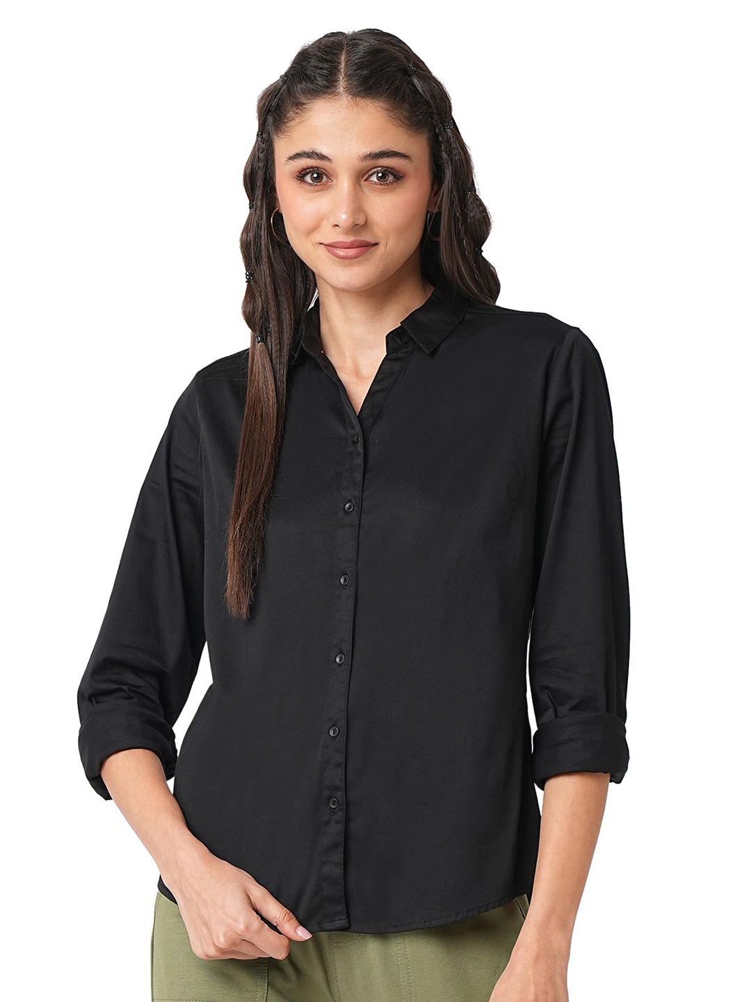 

Kraus Jeans Women Slim Fit Opaque Casual Shirt, Black