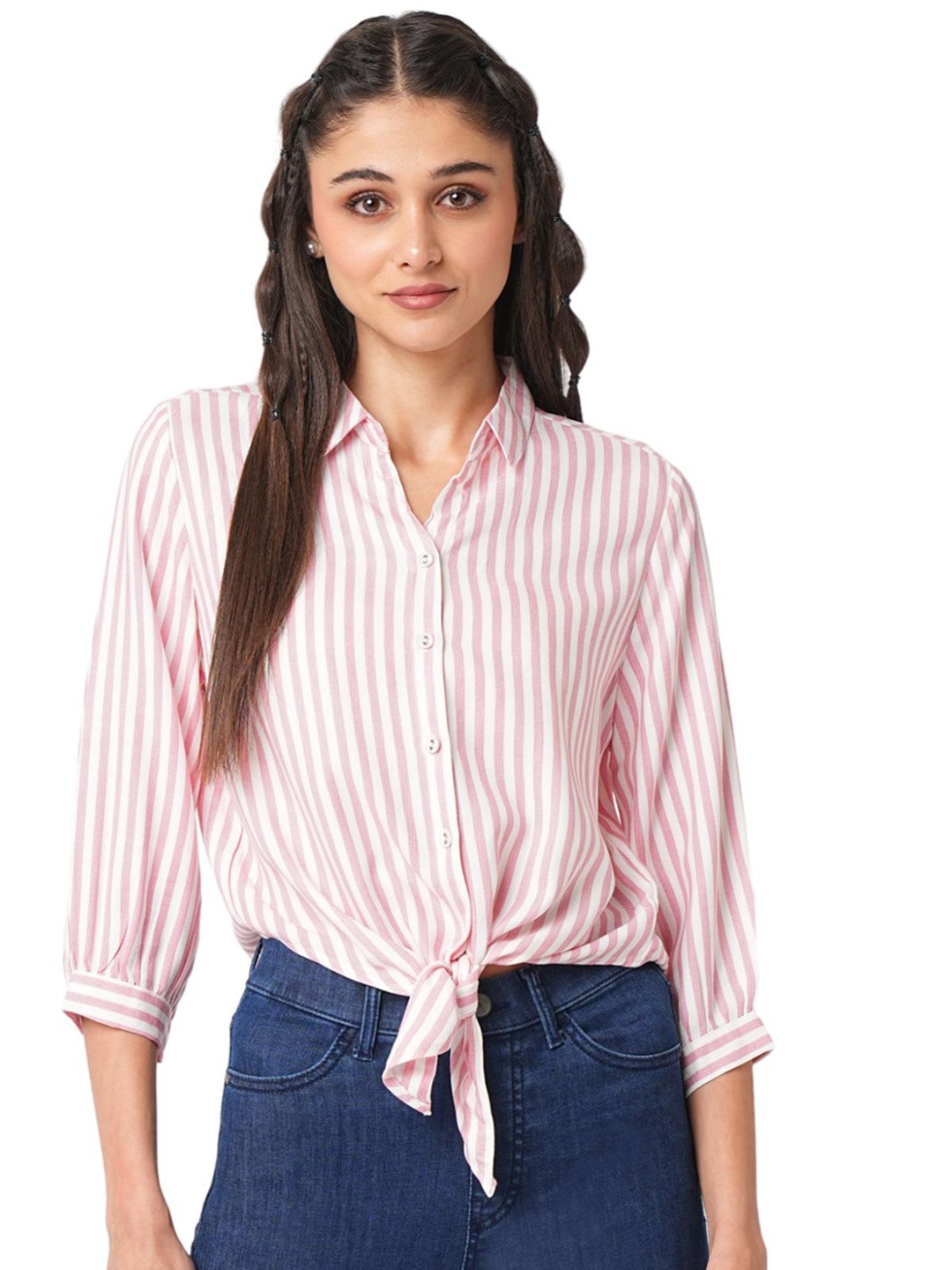 

Kraus Jeans Women Slim Fit Opaque Striped Casual Shirt, Peach