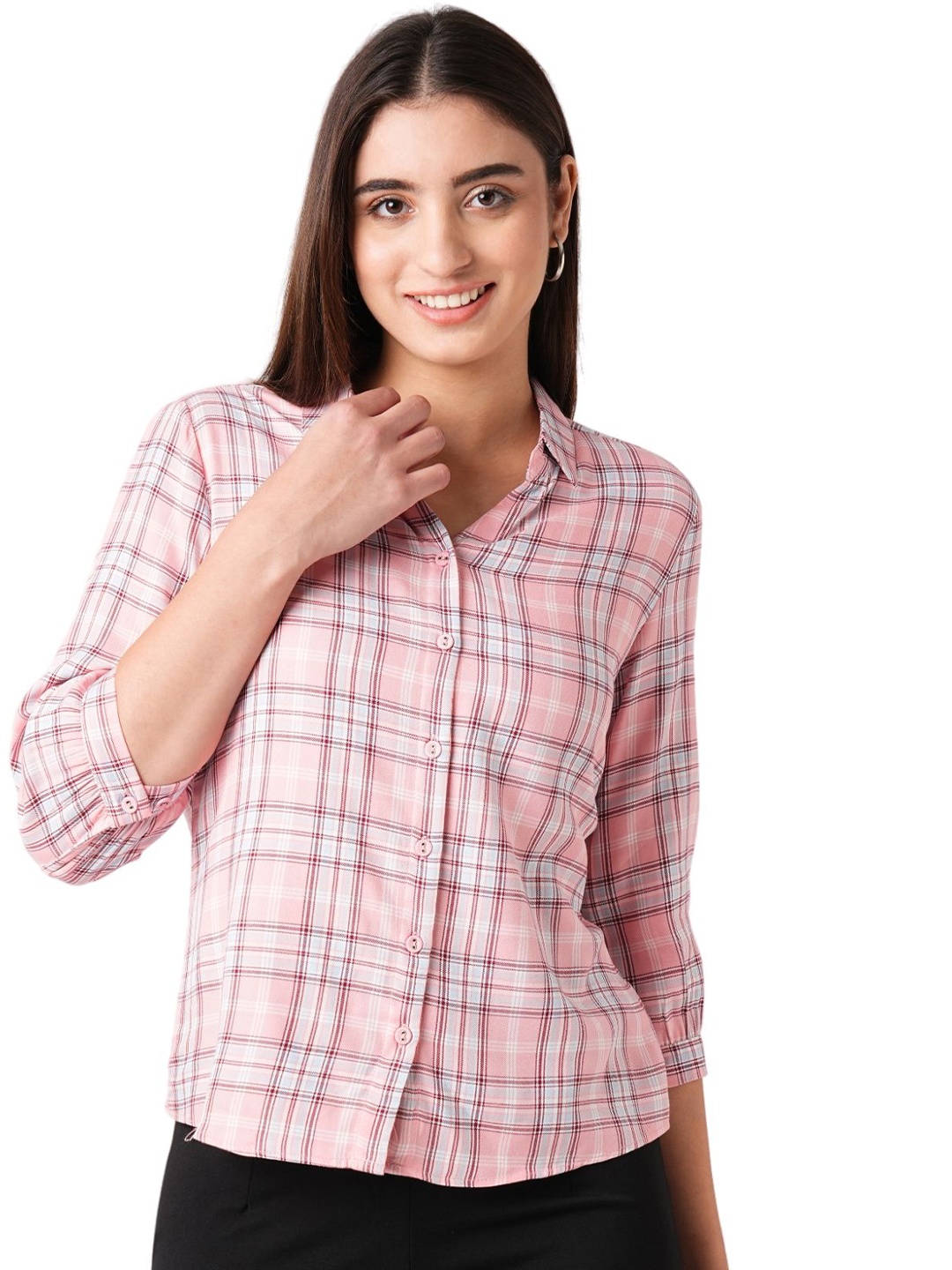

Kraus Jeans Women Spread Collar Slim Fit Checked Casual Shirt, Pink
