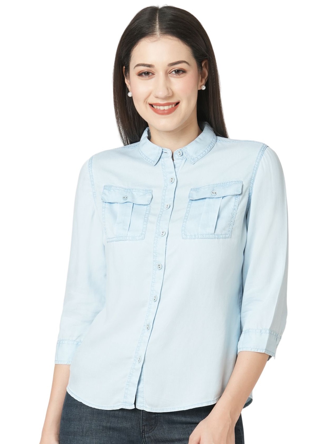 Kraus Jeans Women Long Sleeves Slim Fit Casual Shirt, Blue