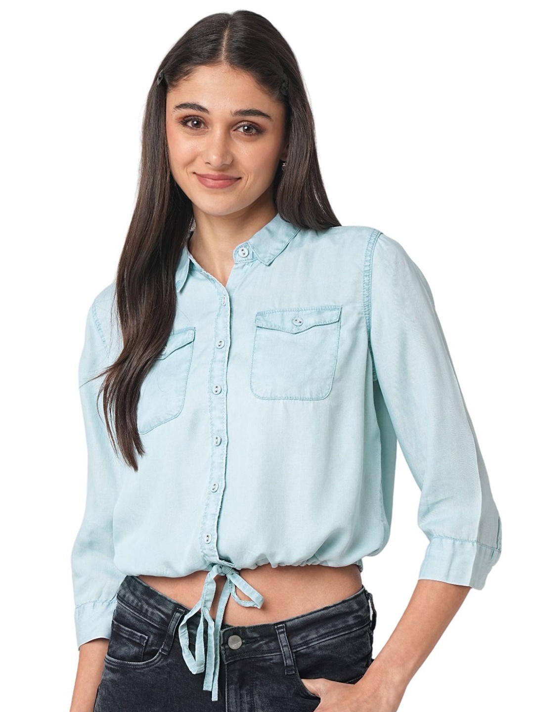 

Kraus Jeans Women Spread Collar Slim Fit Casual Shirt, Blue