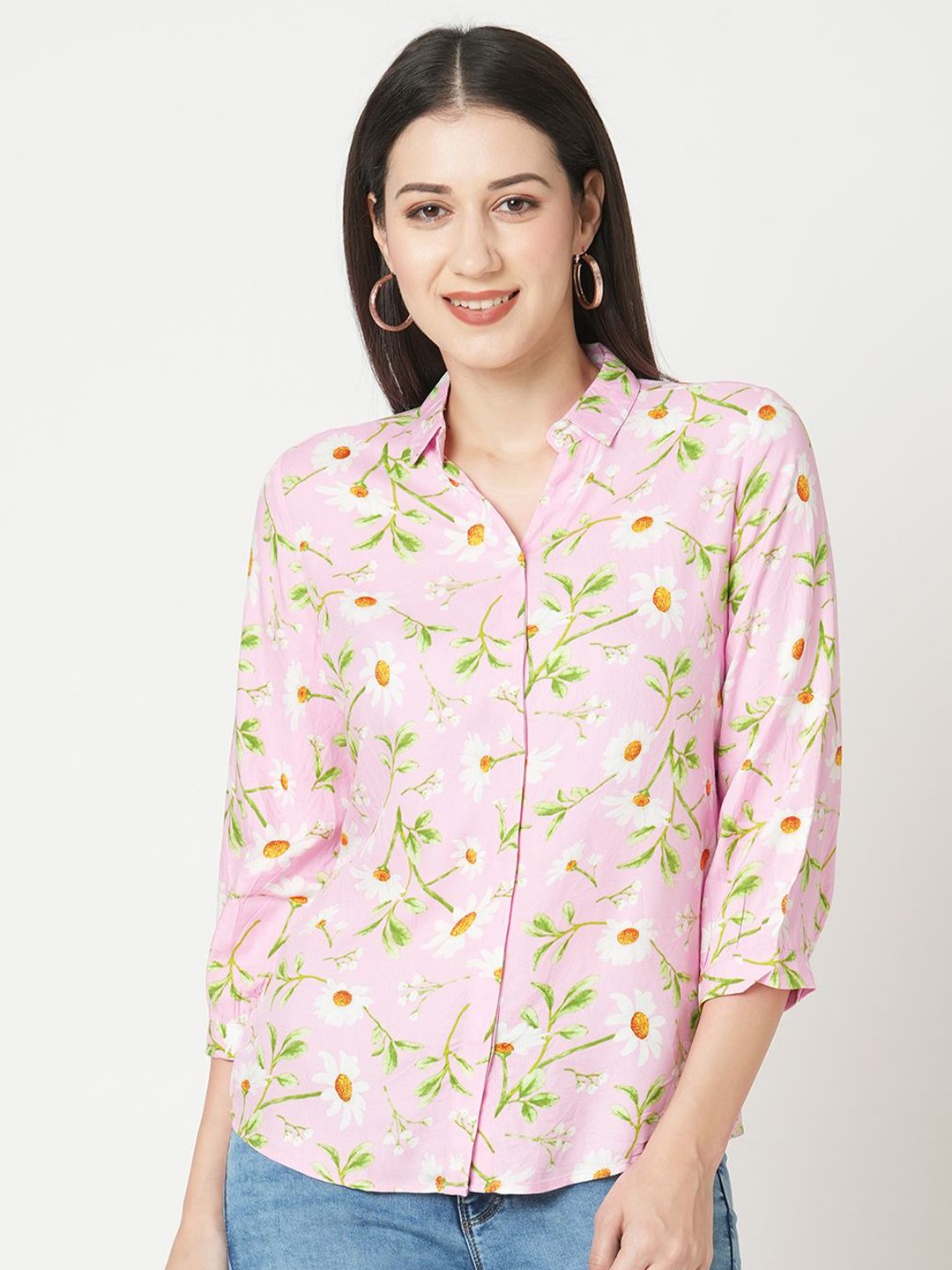 Kraus Jeans Women Spread Collar Slim Fit Printed Casual Shirt, Pink