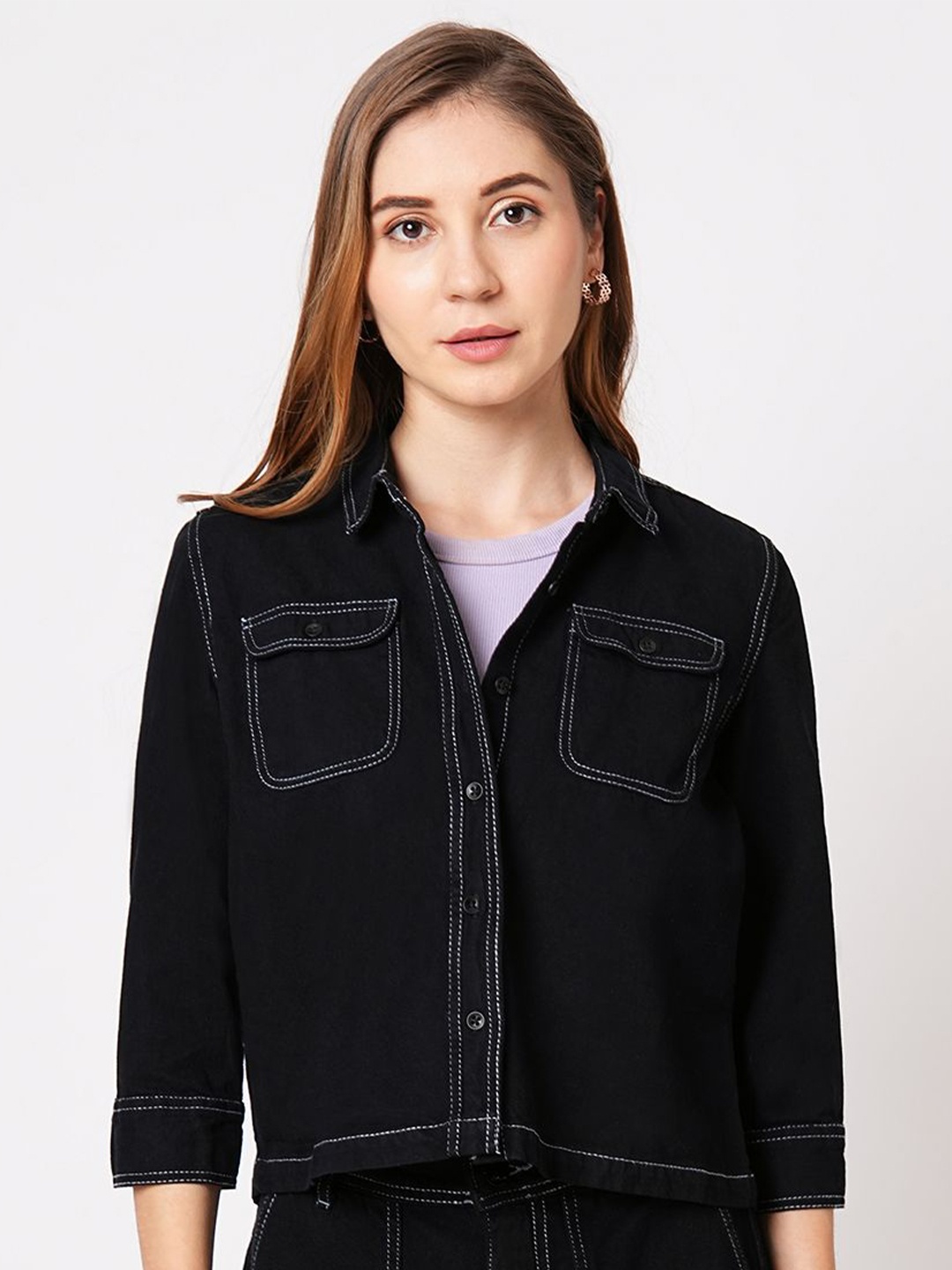 Kraus Jeans Women Slim Fit Opaque Casual Shirt, Black