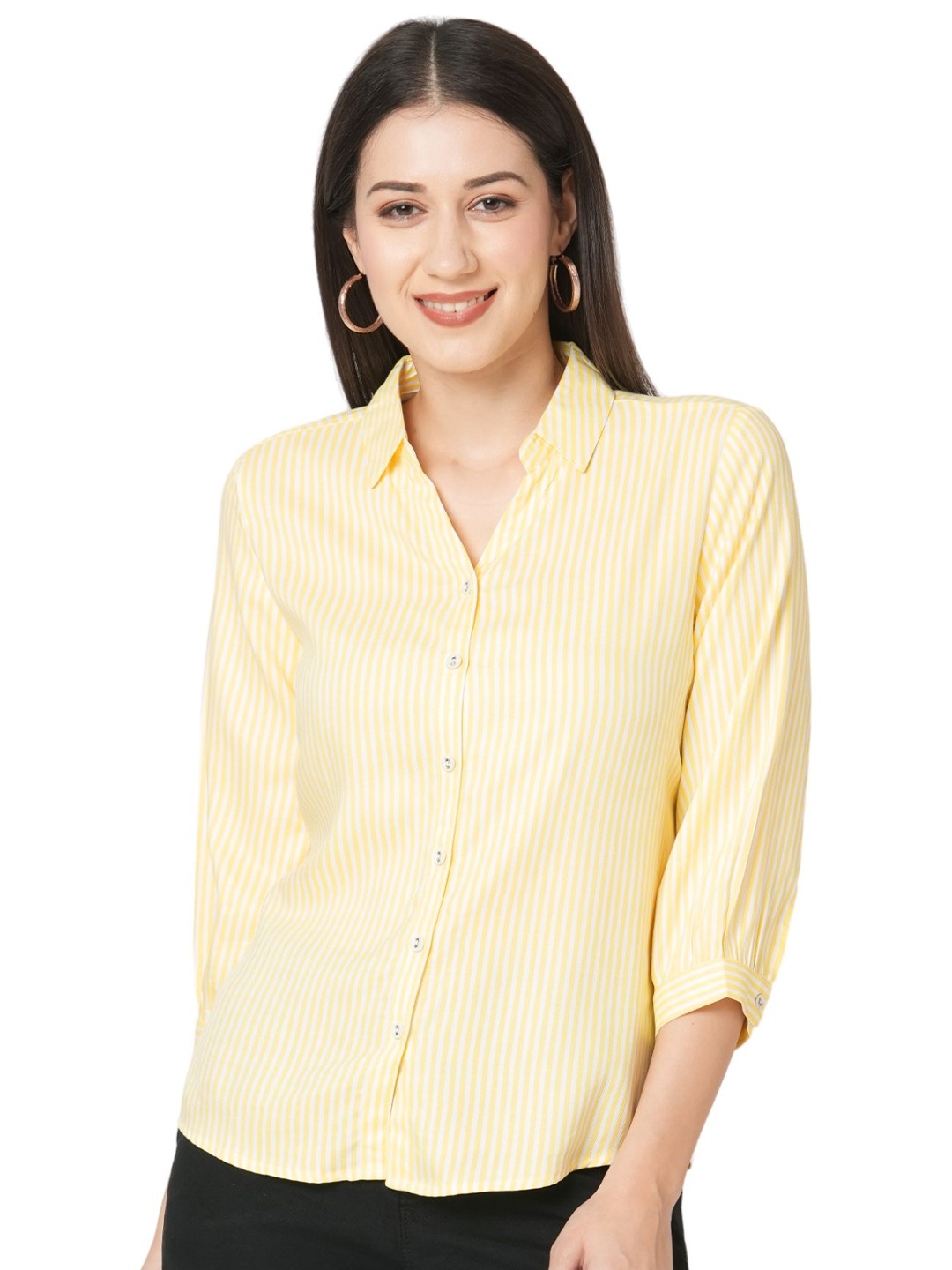 Kraus Jeans Women Slim Fit Opaque Striped Casual Shirt, Yellow
