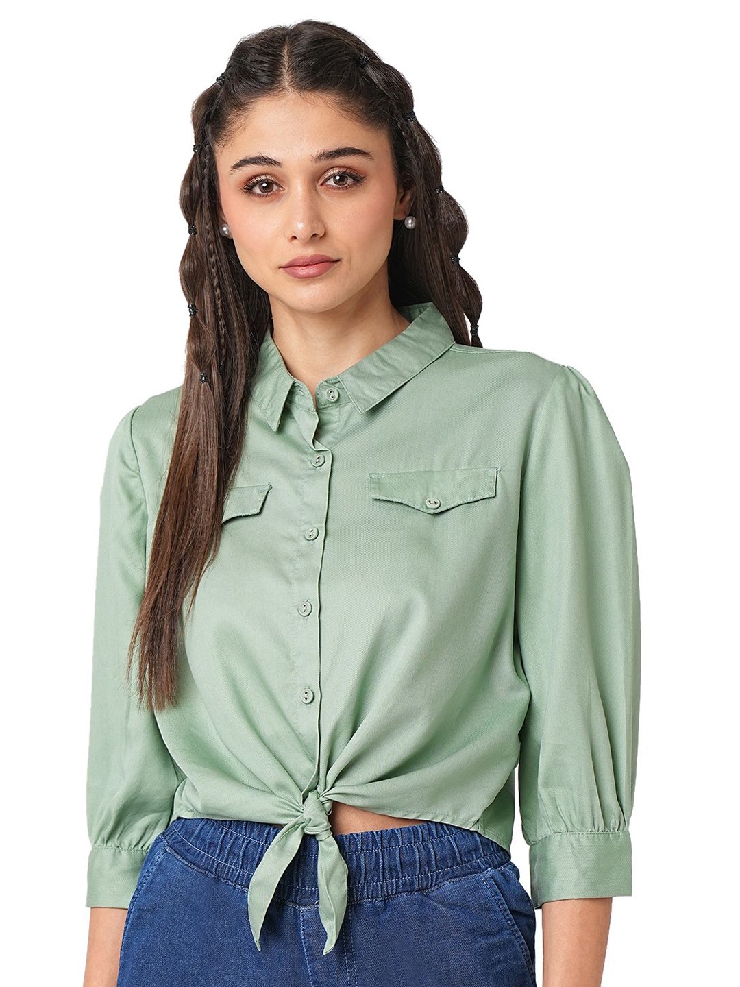 

Kraus Jeans Women Spread Collar Slim Fit Casual Shirt, Green