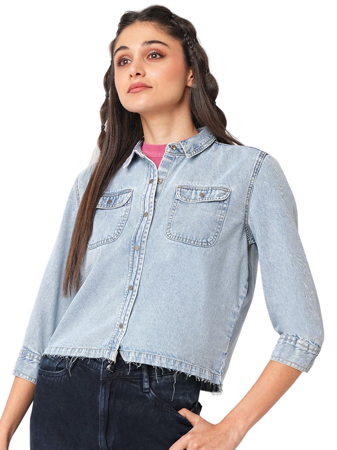 

Kraus Jeans Women Spread Collar Slim Fit Casual Shirt, Blue