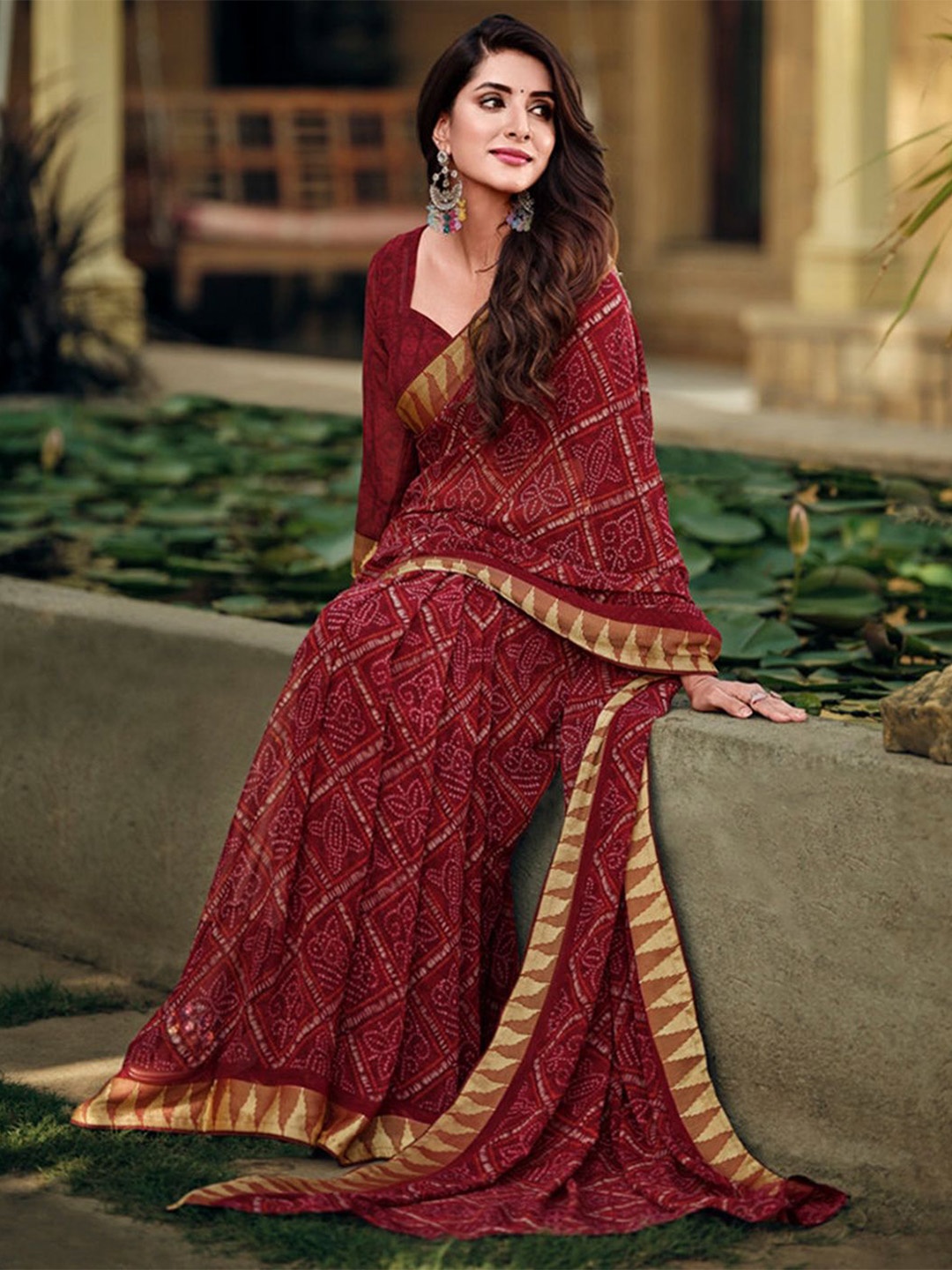 

SANSKAR Bandhani Pure Georgette Saree, Maroon