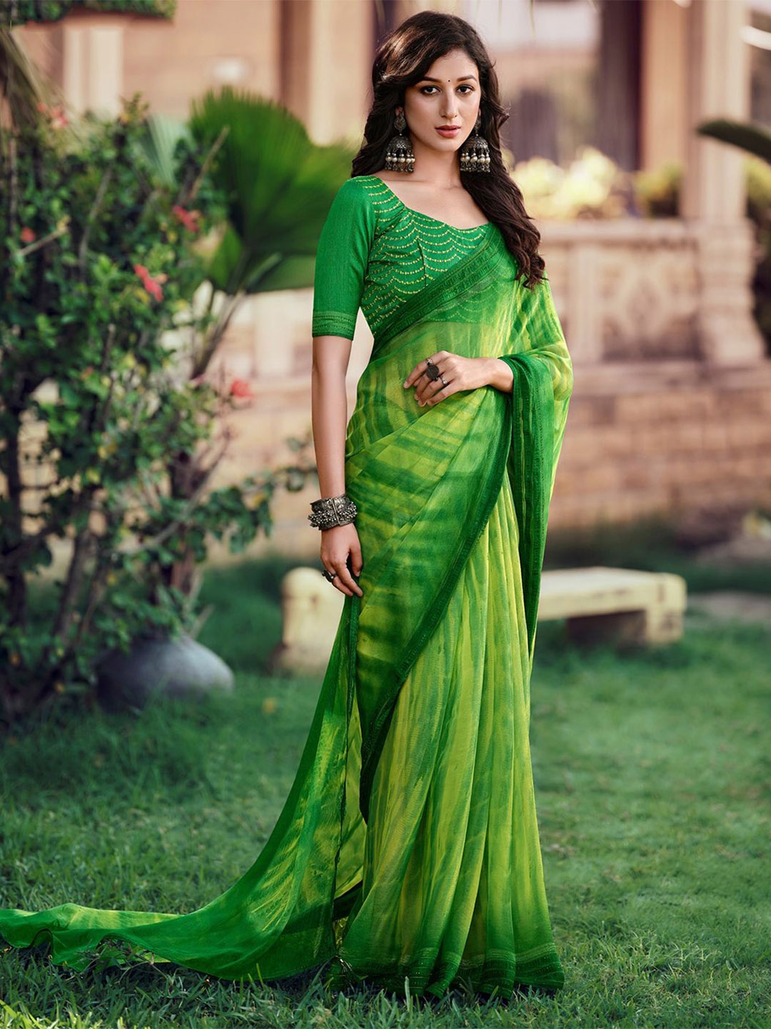 SANSKAR Ombre Zari Silk Blend Saree, Green