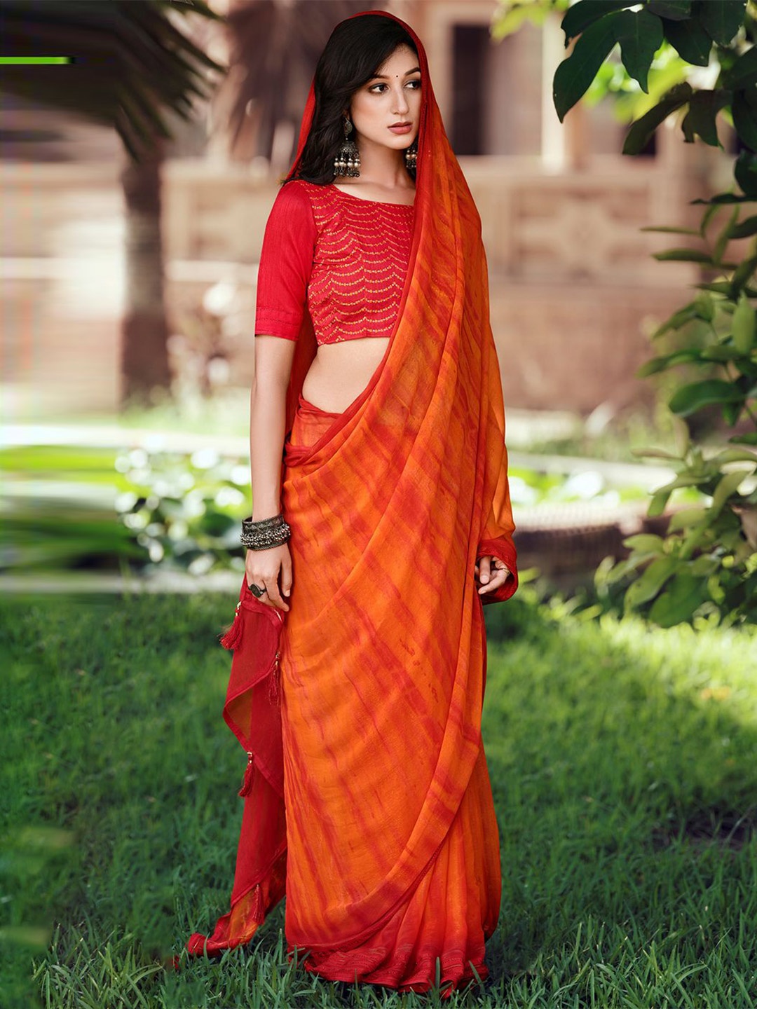 

SANSKAR Tie and Dye Zari Silk Blend Saree, Orange
