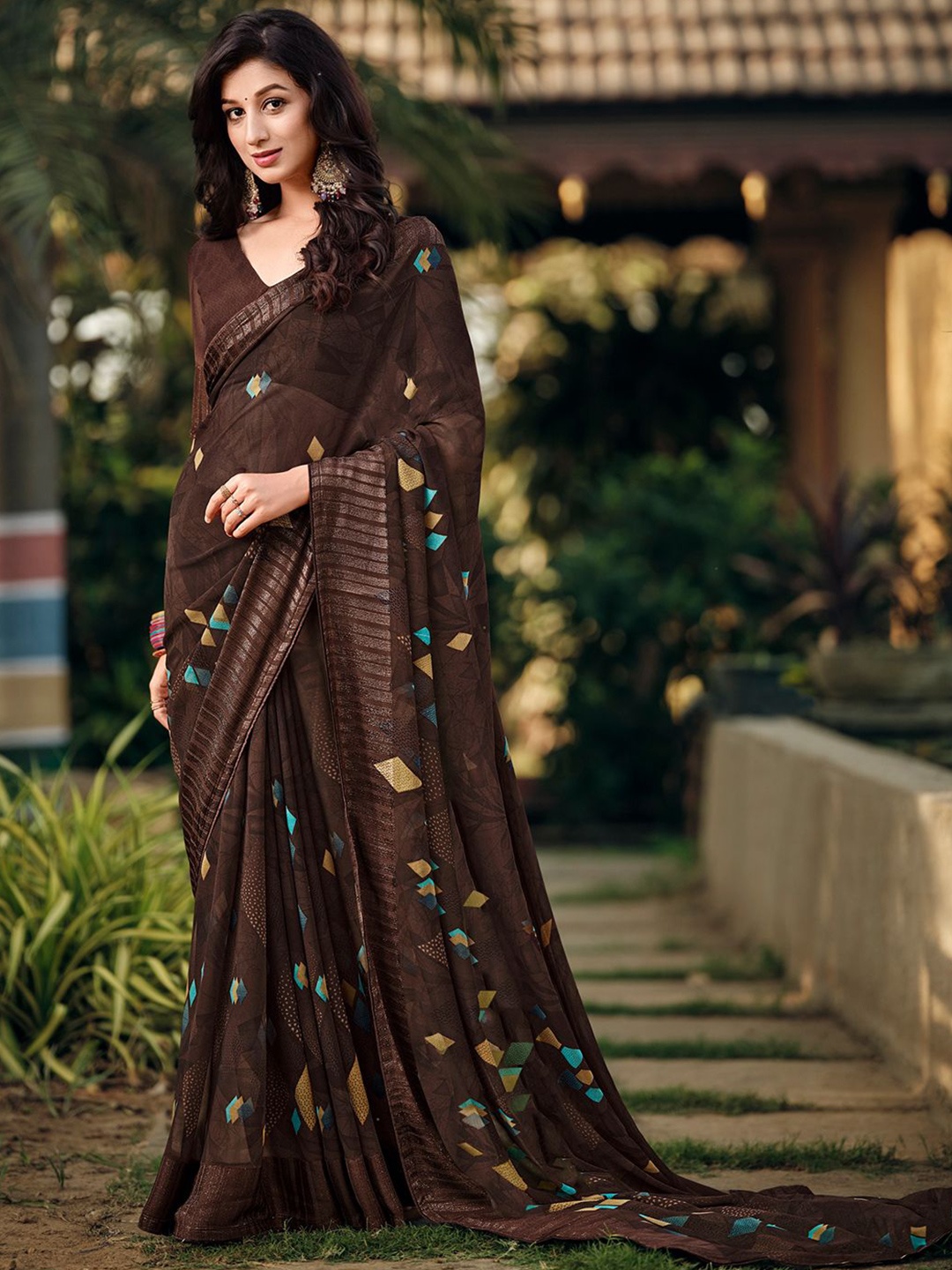 

SANSKAR Pure Georgette Saree, Brown