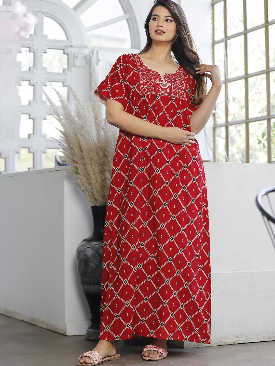 

G4Girl Printed Cotton Maxi Nightdress, Red