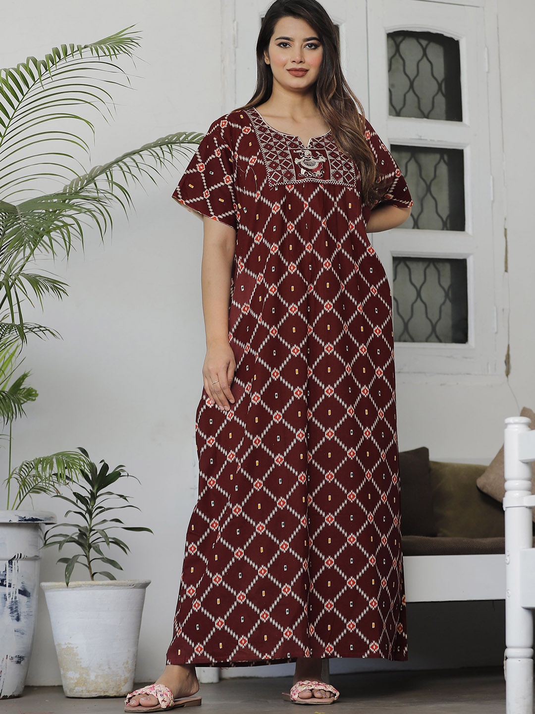 

G4Girl Printed Cotton Maxi Nightdress, Maroon