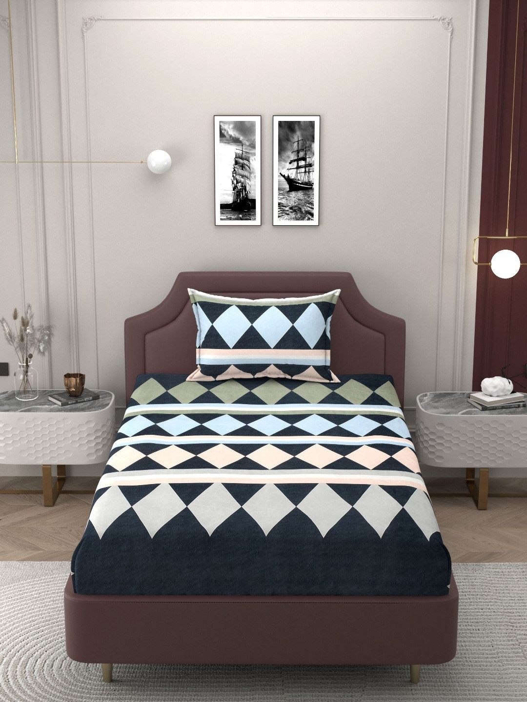 

Bromwick Blue Cotton Geometric 210 TC Single Bedsheet with 1 Pillow Covers