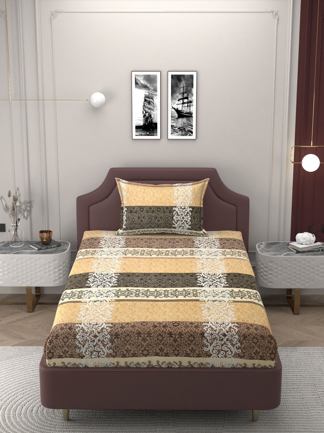 

Bromwick Beige Ethinic Motif 210 TC Single Cotton Bedsheet with 1 Pillow Covers