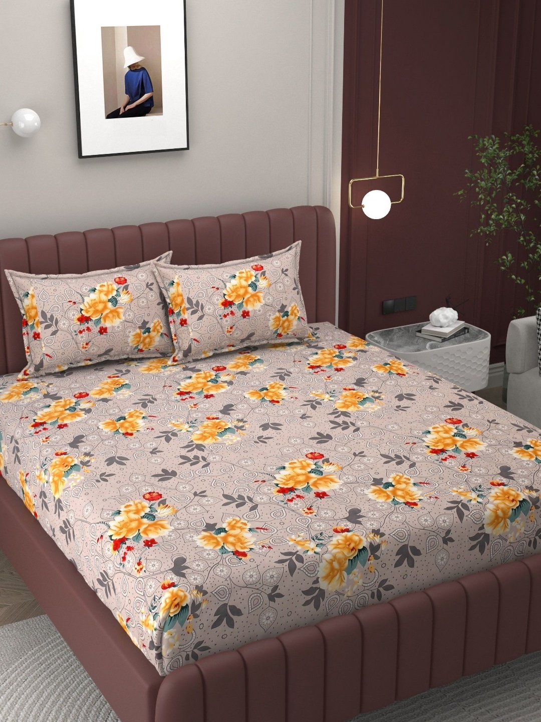 Bromwick Unisex Floral Printed 1 Piece Double Bedsheet with 2 Pillow Covers, Beige