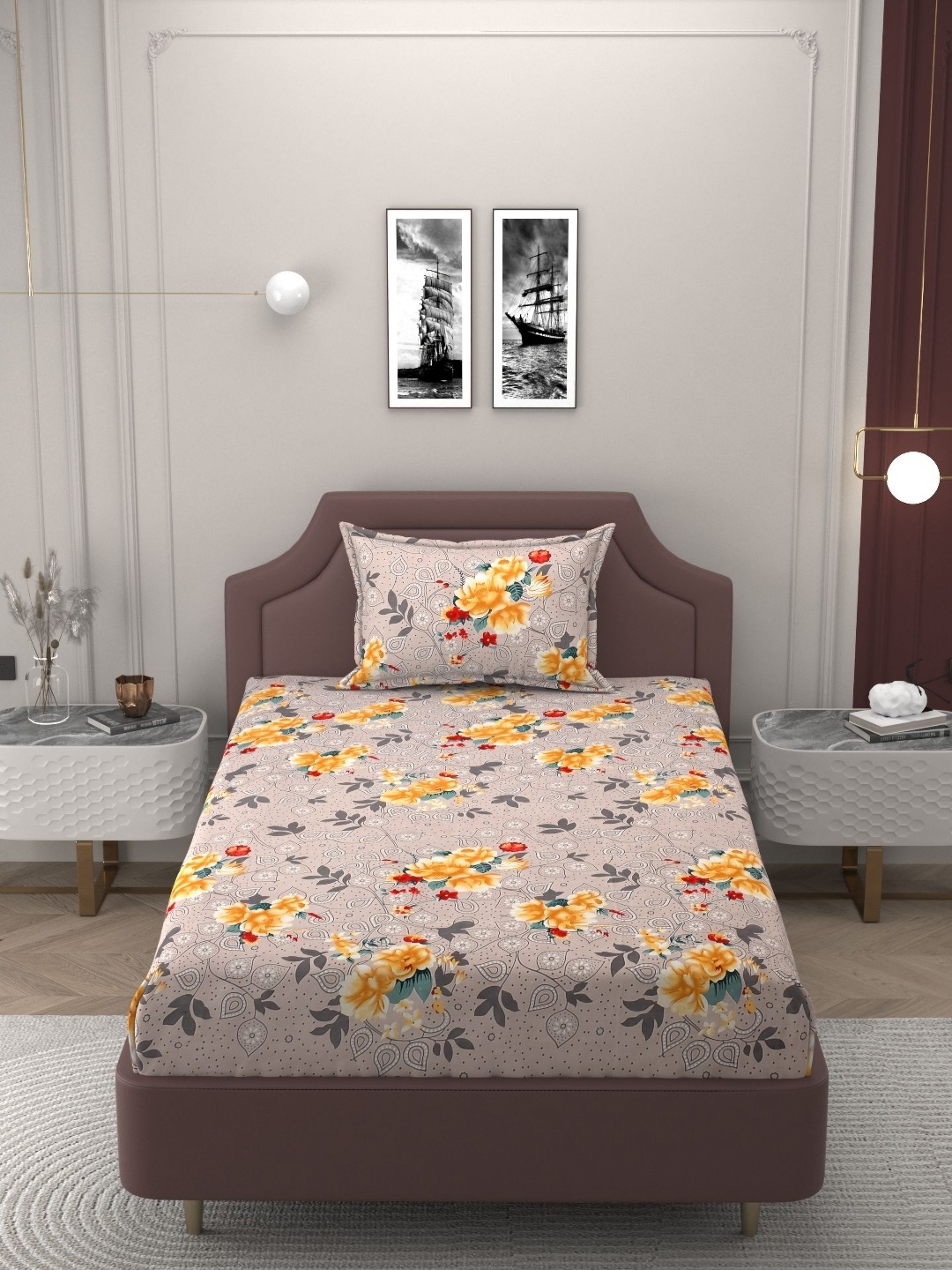 

Bromwick Beige Floral Cotton 210 TC Single Bedsheet Set- 2.28 m x 1.53 m