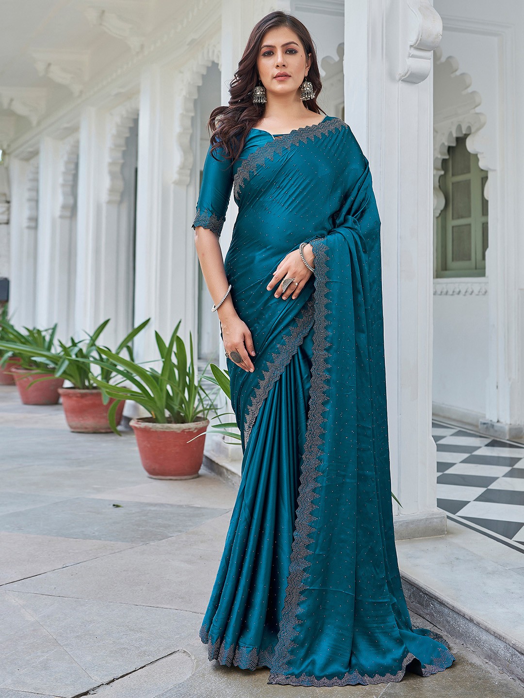 

Satrani Embellished Beads and Stones Satin Saree, Teal
