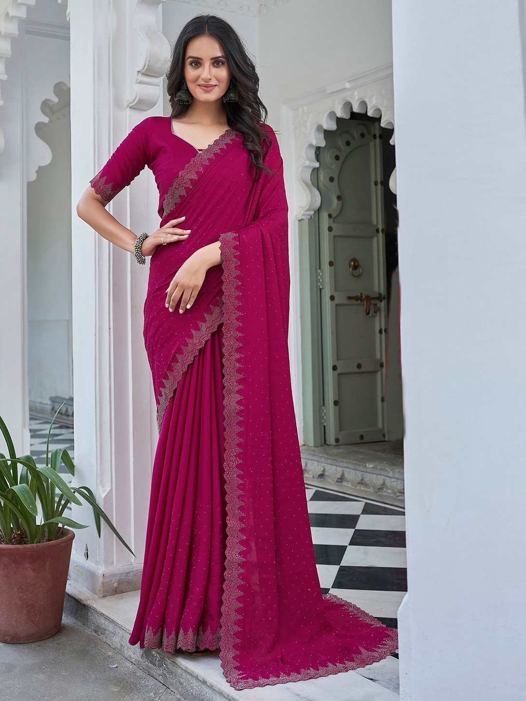 

Satrani Embellished Beads and Stones Satin Saree, Pink
