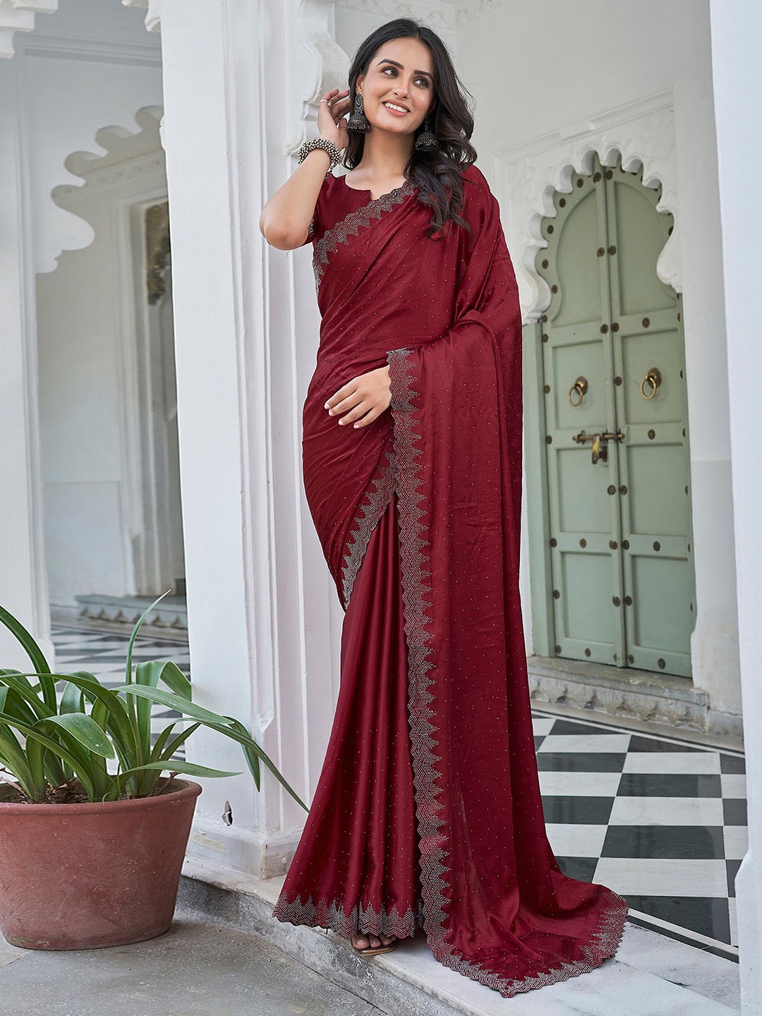 

Satrani Embellished Beads and Stones Satin Saree, Maroon