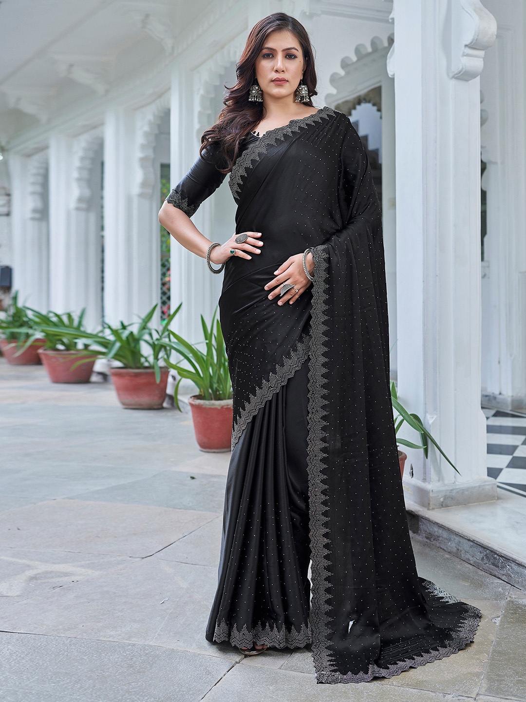 

Satrani Embellished Beads and Stones Satin Saree, Black