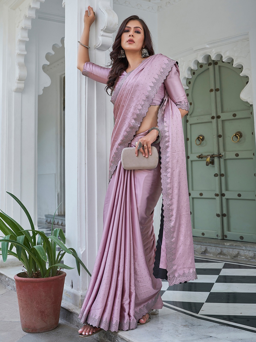 

Satrani Embellished Beads and Stones Satin Saree, Pink