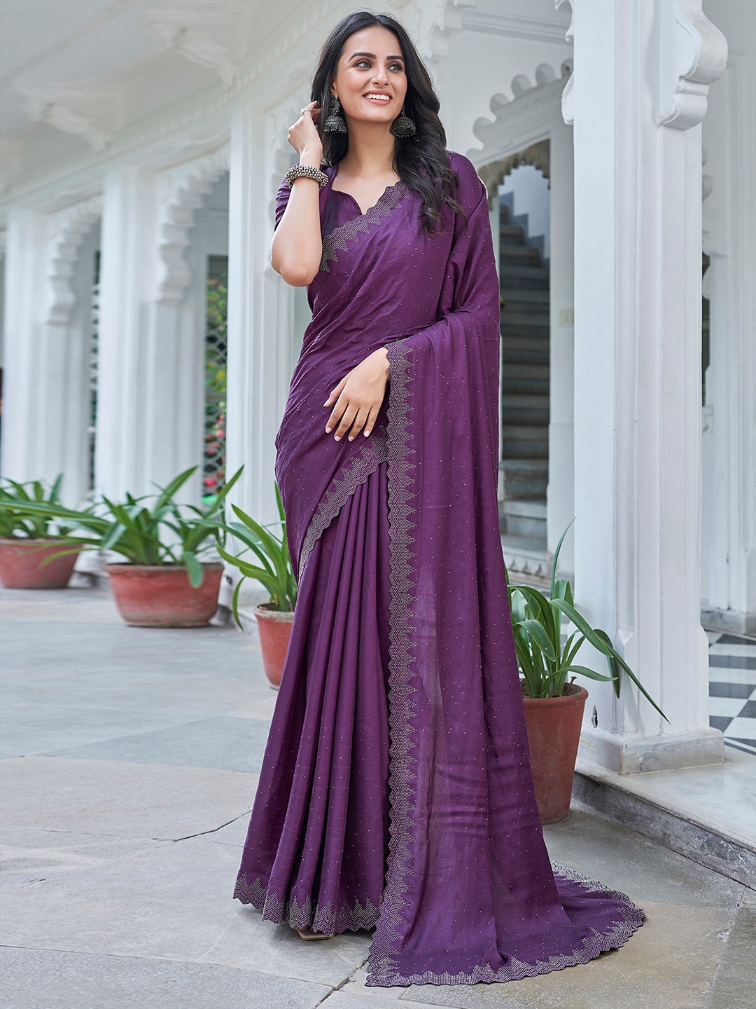 

Satrani Embellished Beads and Stones Satin Saree, Purple