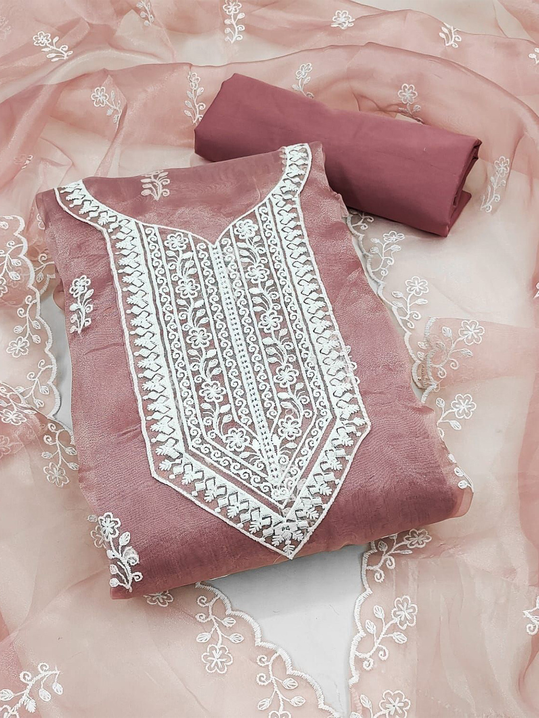 

mimi design Organza Unstitched Dress Material, Brown