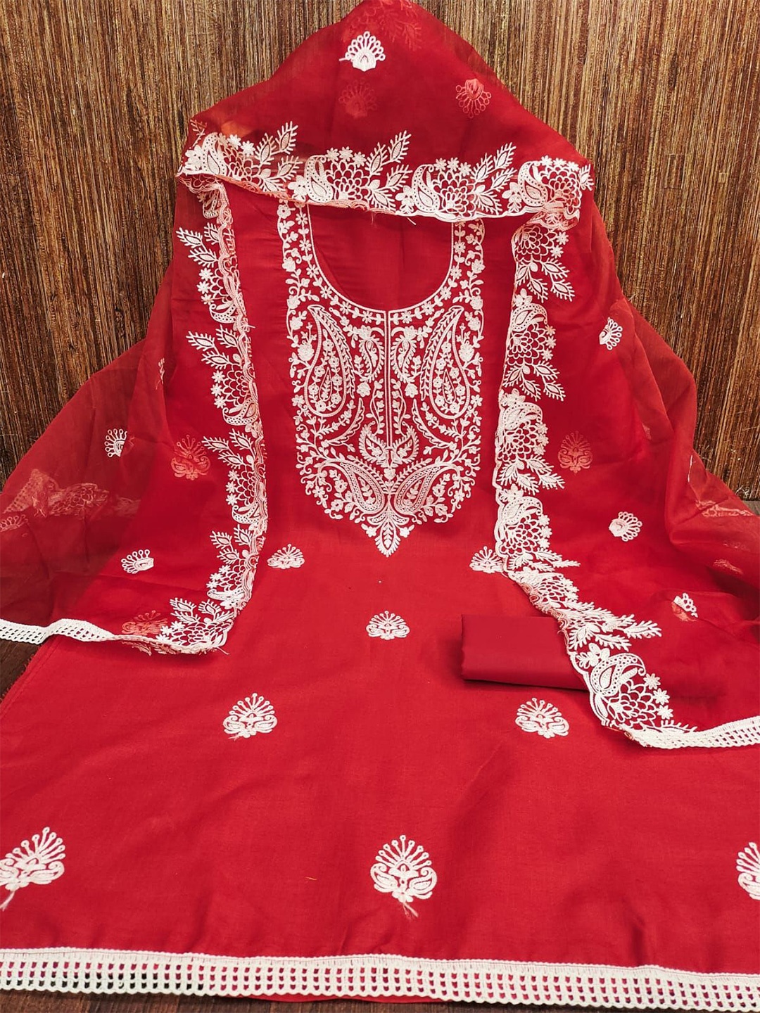 

mimi design Women Woven Design Unstitched Dress Material, Red