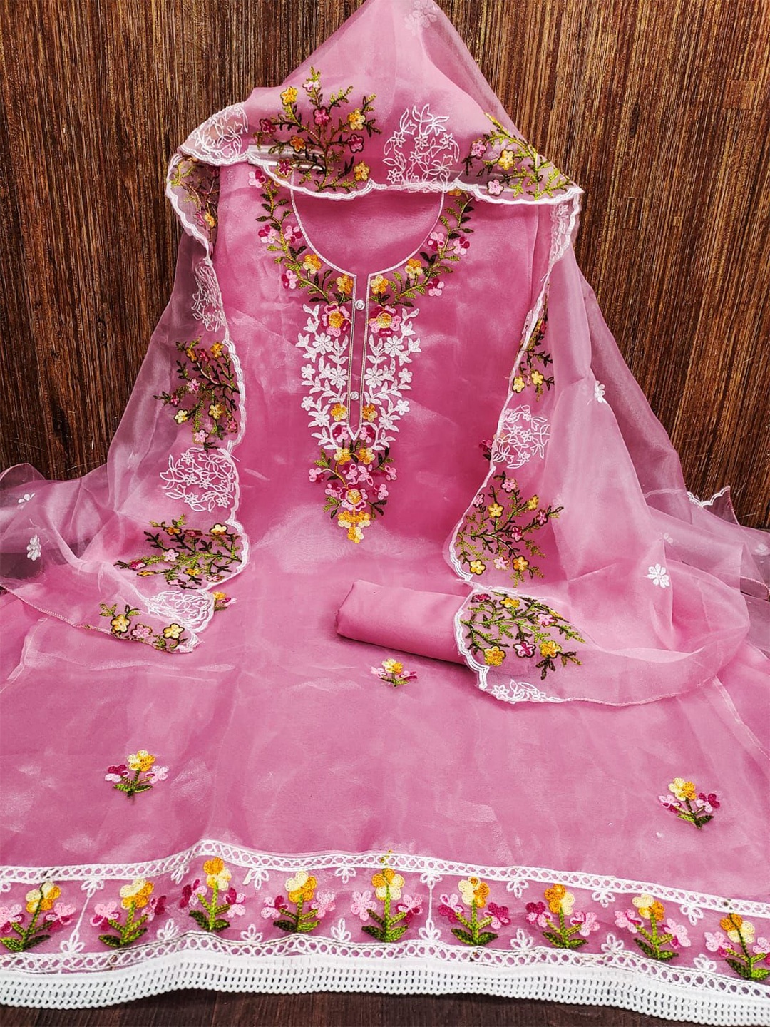 

mimi design Organza Unstitched Dress Material, Pink