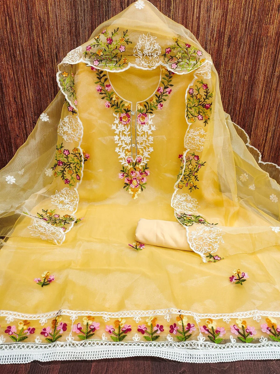 

mimi design Organza Unstitched Dress Material, Yellow