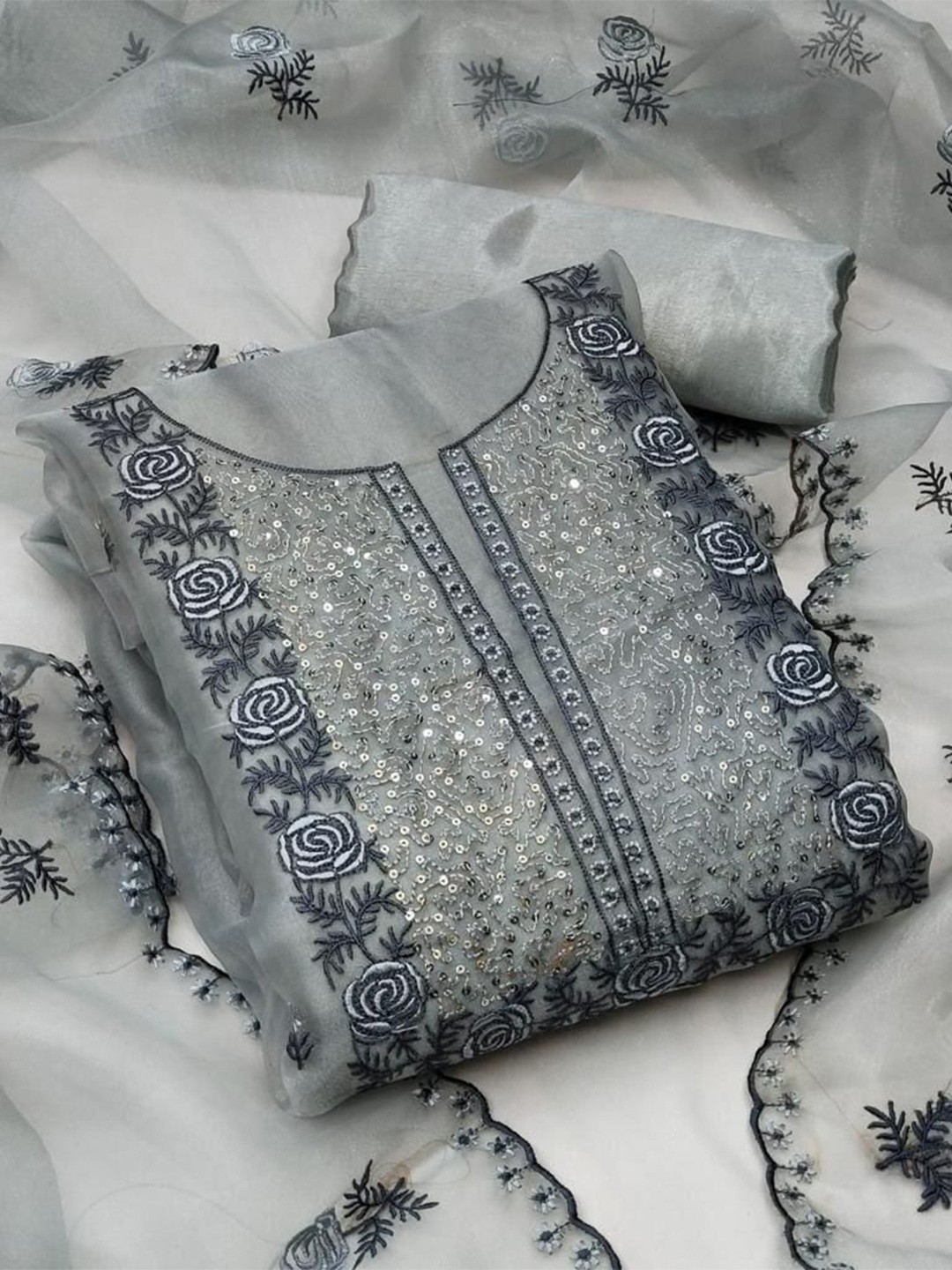 

mimi design Women Embroidered Unstitched Dress Material, Grey