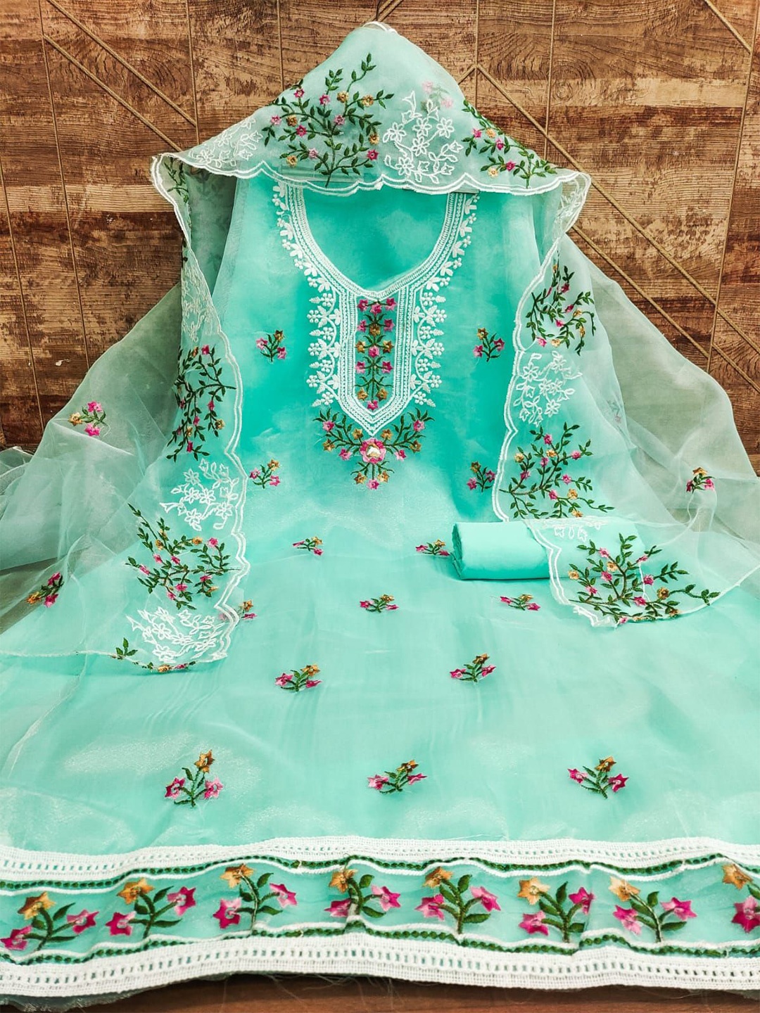 

mimi design Organza Unstitched Dress Material, Turquoise blue