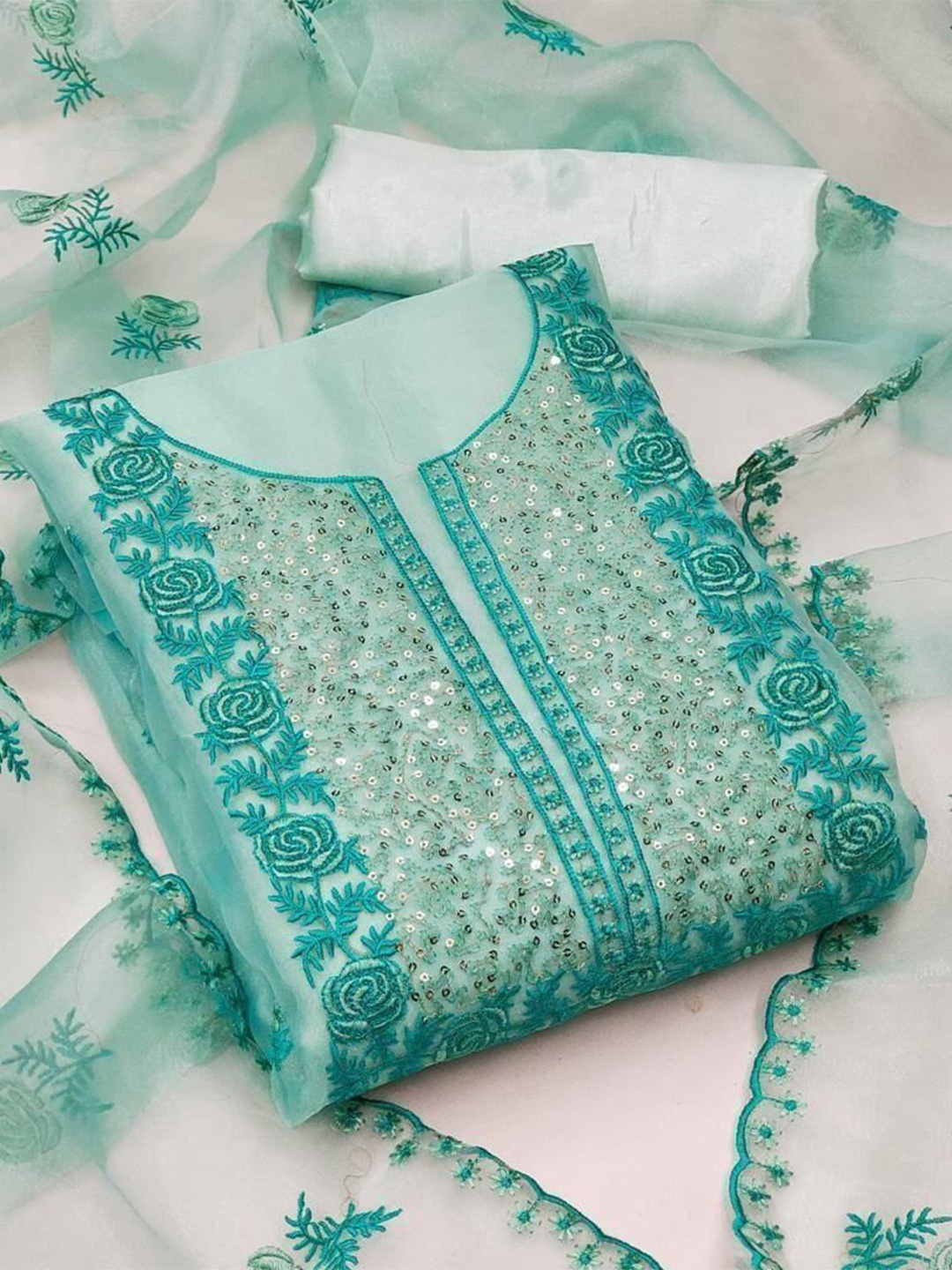 

mimi design Women Organza Unstitched Dress Material, Sea green