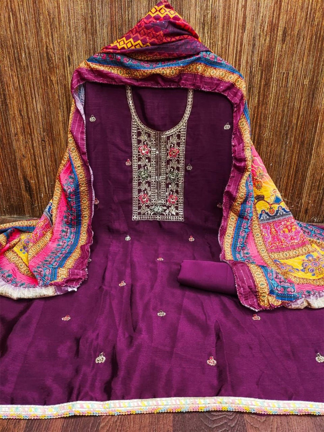 

mimi design Silk Chiffon Unstitched Dress Material, Purple