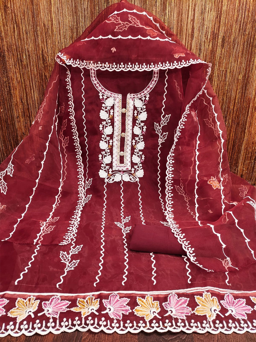 

mimi design Organza Embroidered Unstitched Dress Material, Maroon