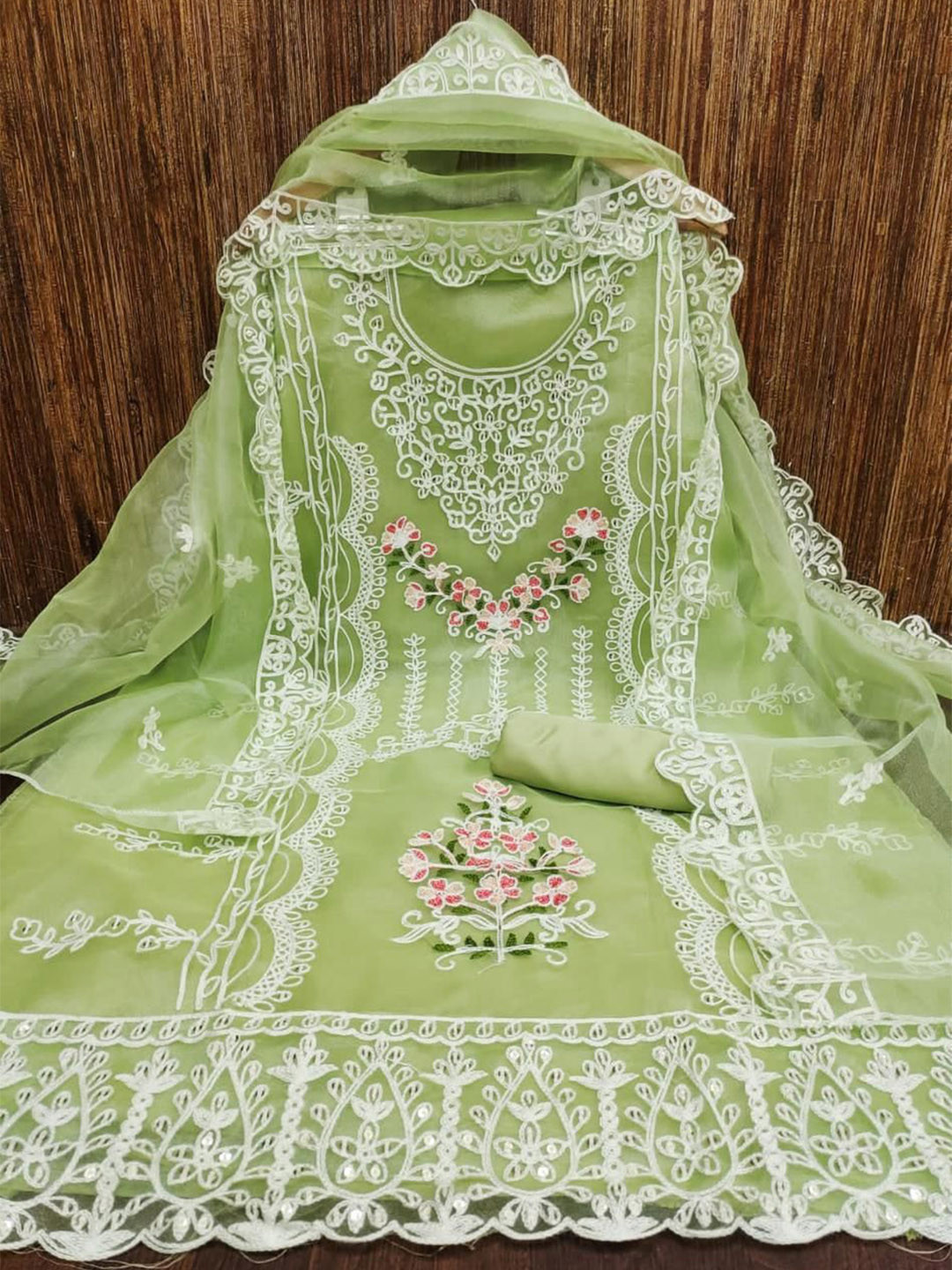 

mimi design Organza Unstitched Dress Material, Green