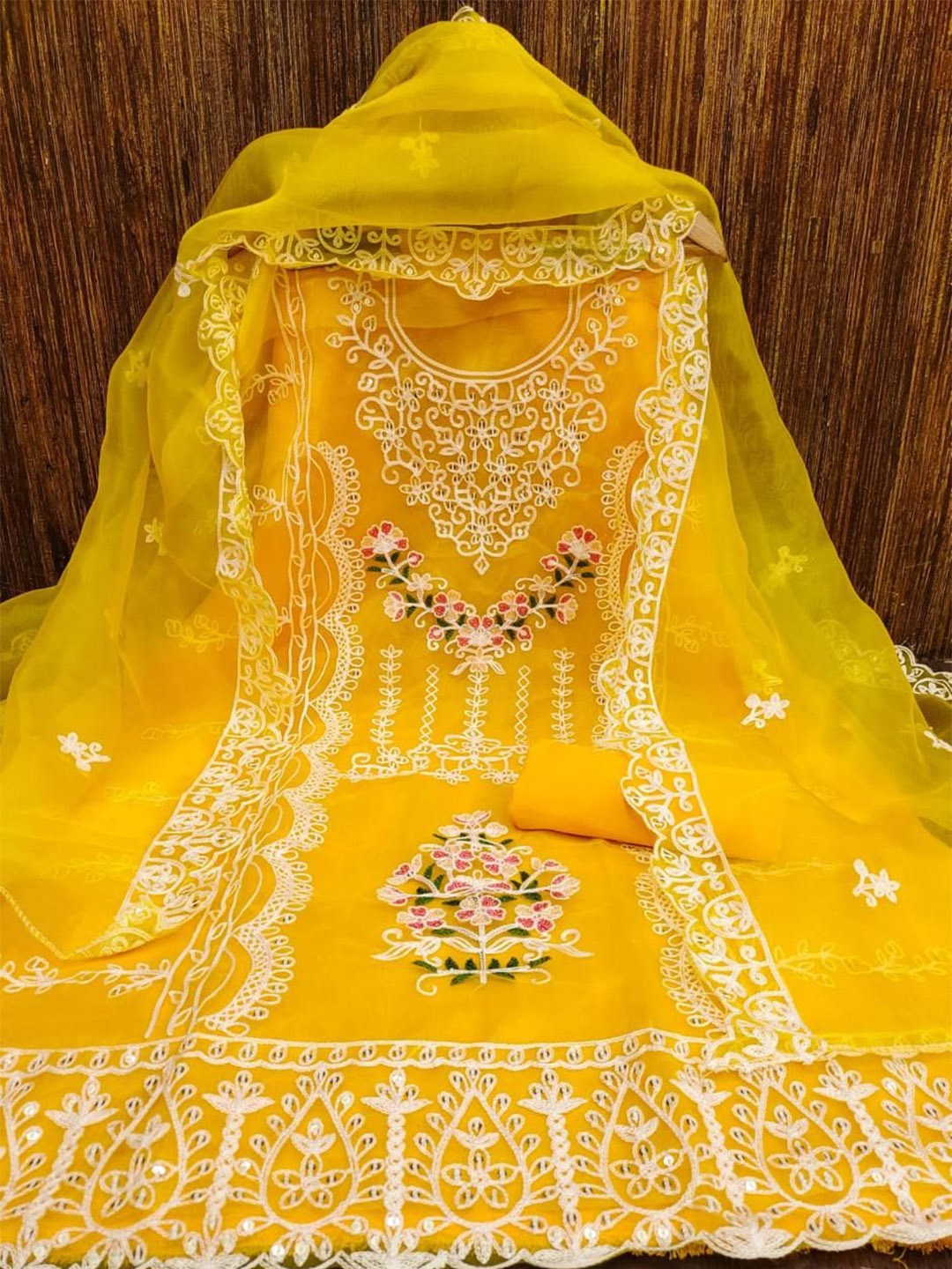 

mimi design Organza Unstitched Dress Material, Yellow