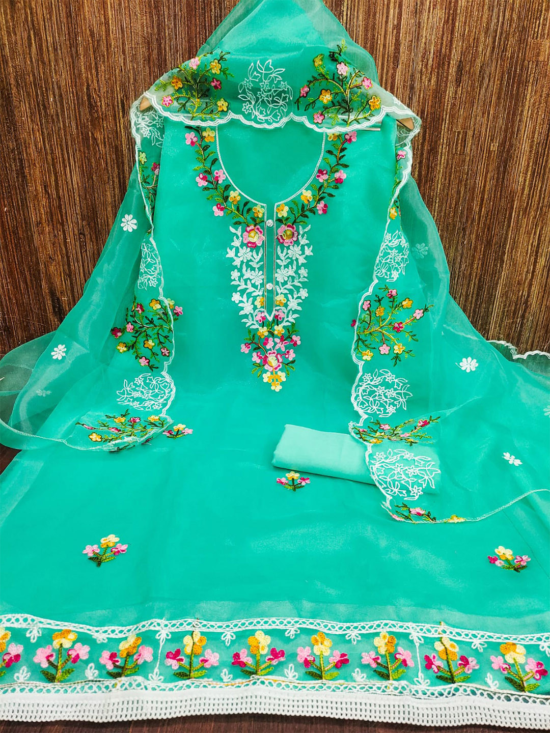 

mimi design Organza Unstitched Dress Material, Green
