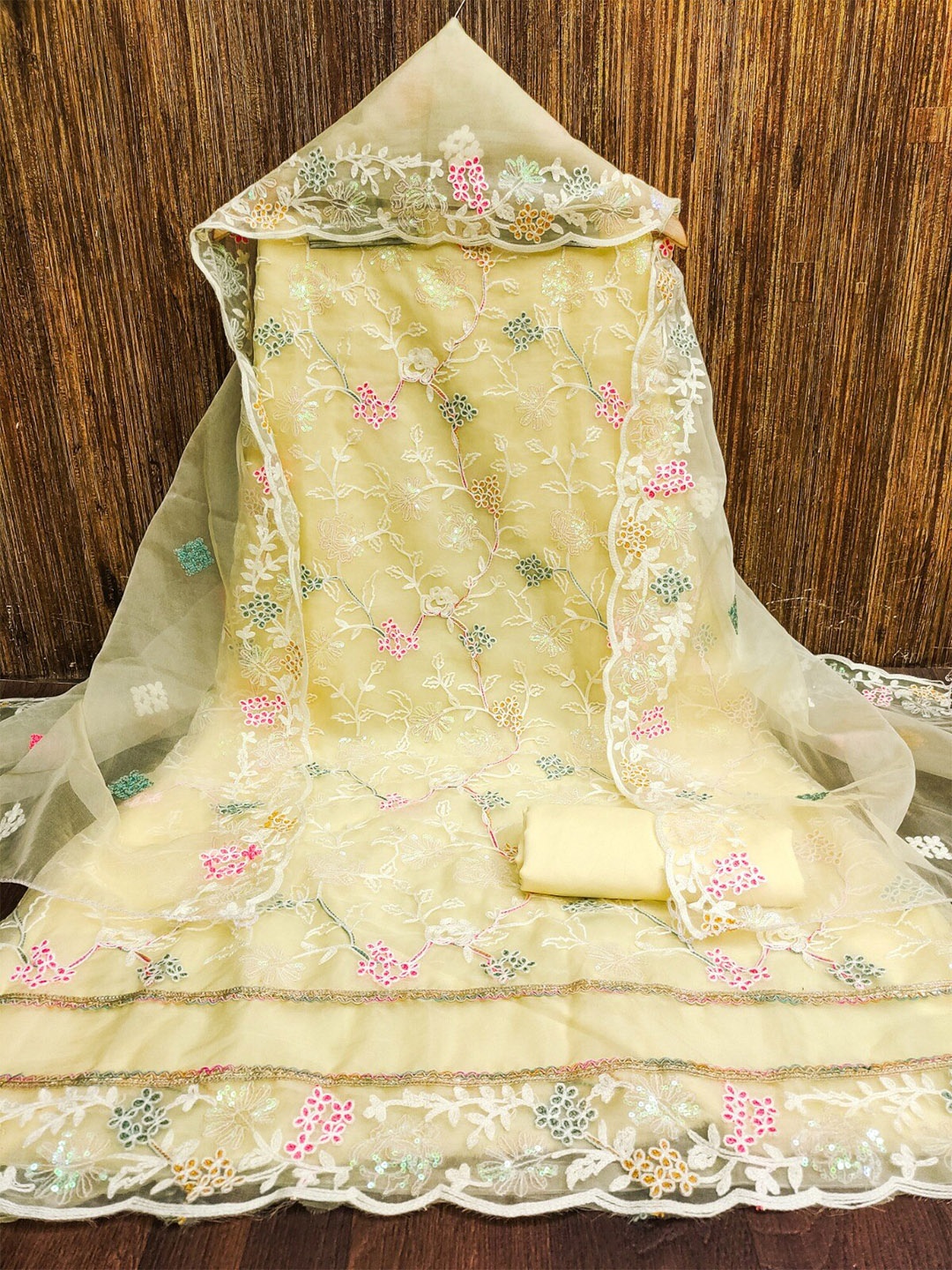 

mimi design Women Organza Unstitched Dress Material, Yellow