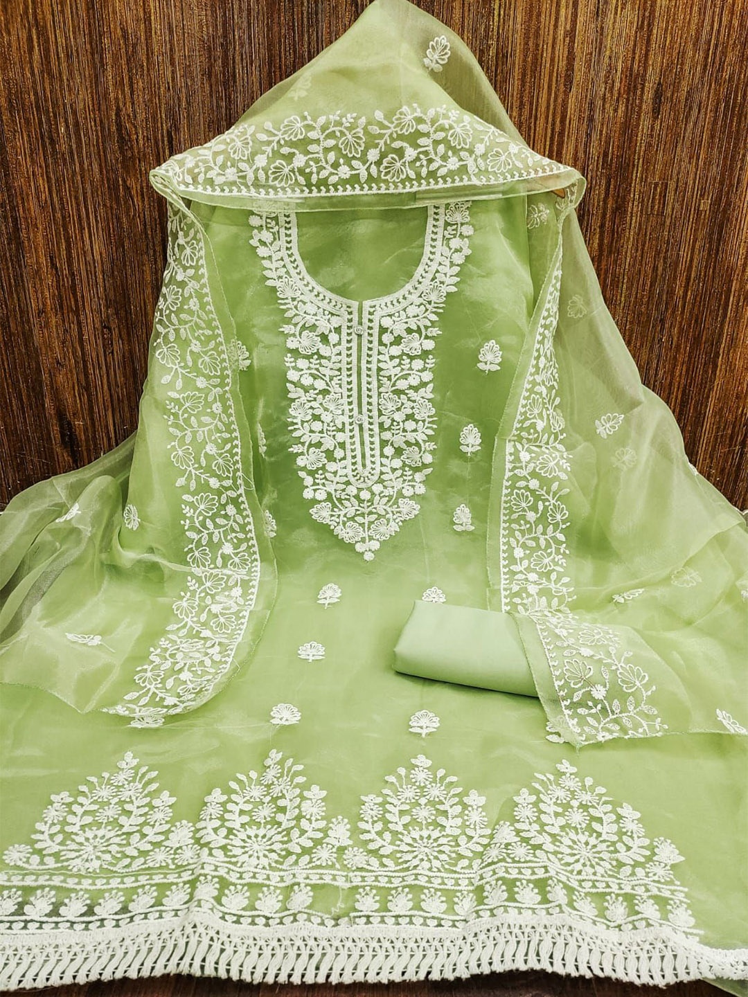 

mimi design Organza Unstitched Dress Material, Green