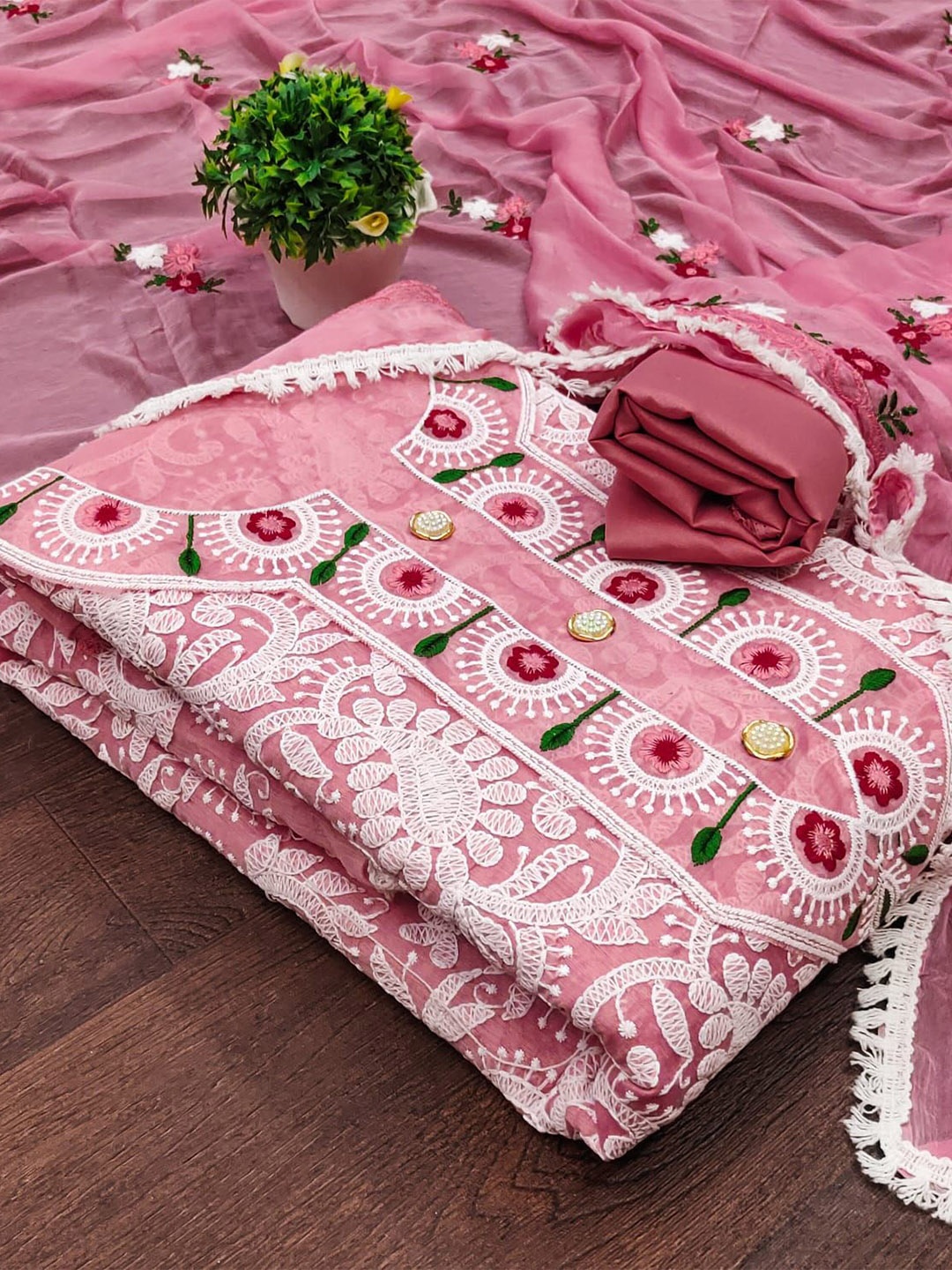 

mimi design Unstitched Dress Material, Pink