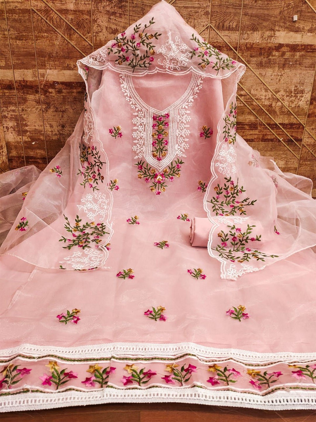

mimi design Organza Unstitched Dress Material, Pink