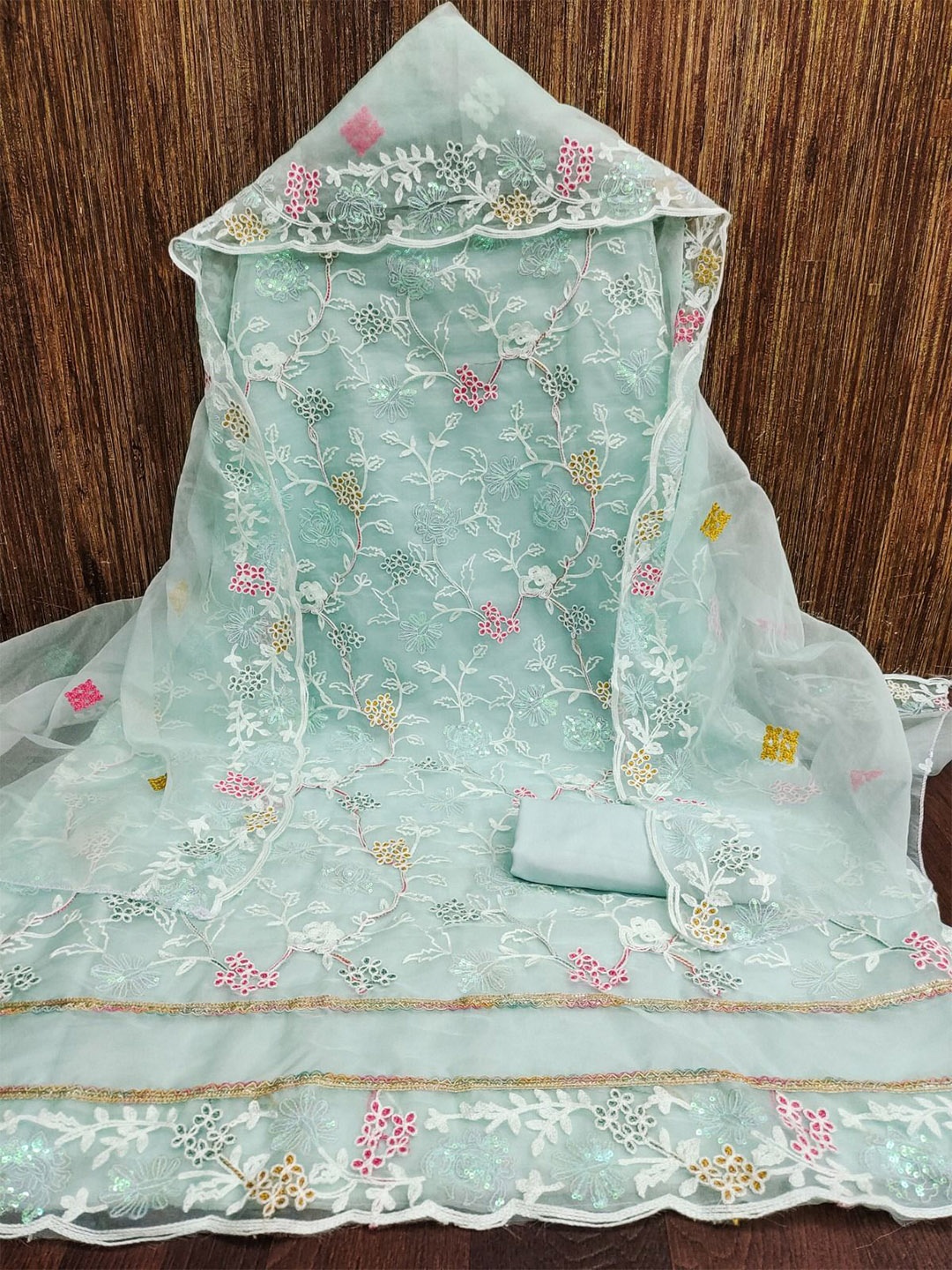 

mimi design Floral Embroidered Organza Unstitched Dress Material, Transparent